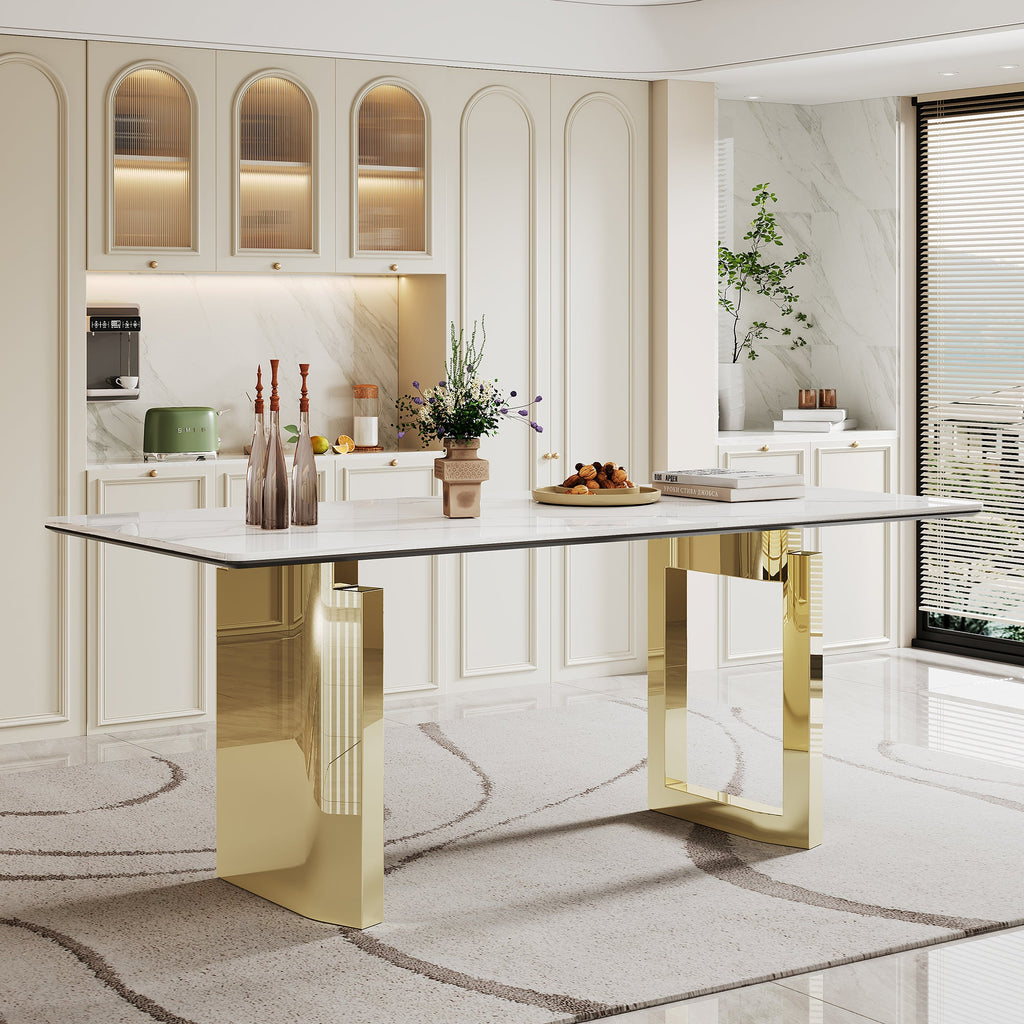 0.47' Thick Sintered Stone Composite Tempered Glass Top Rectangular Dining Table with Stainless Steel Base