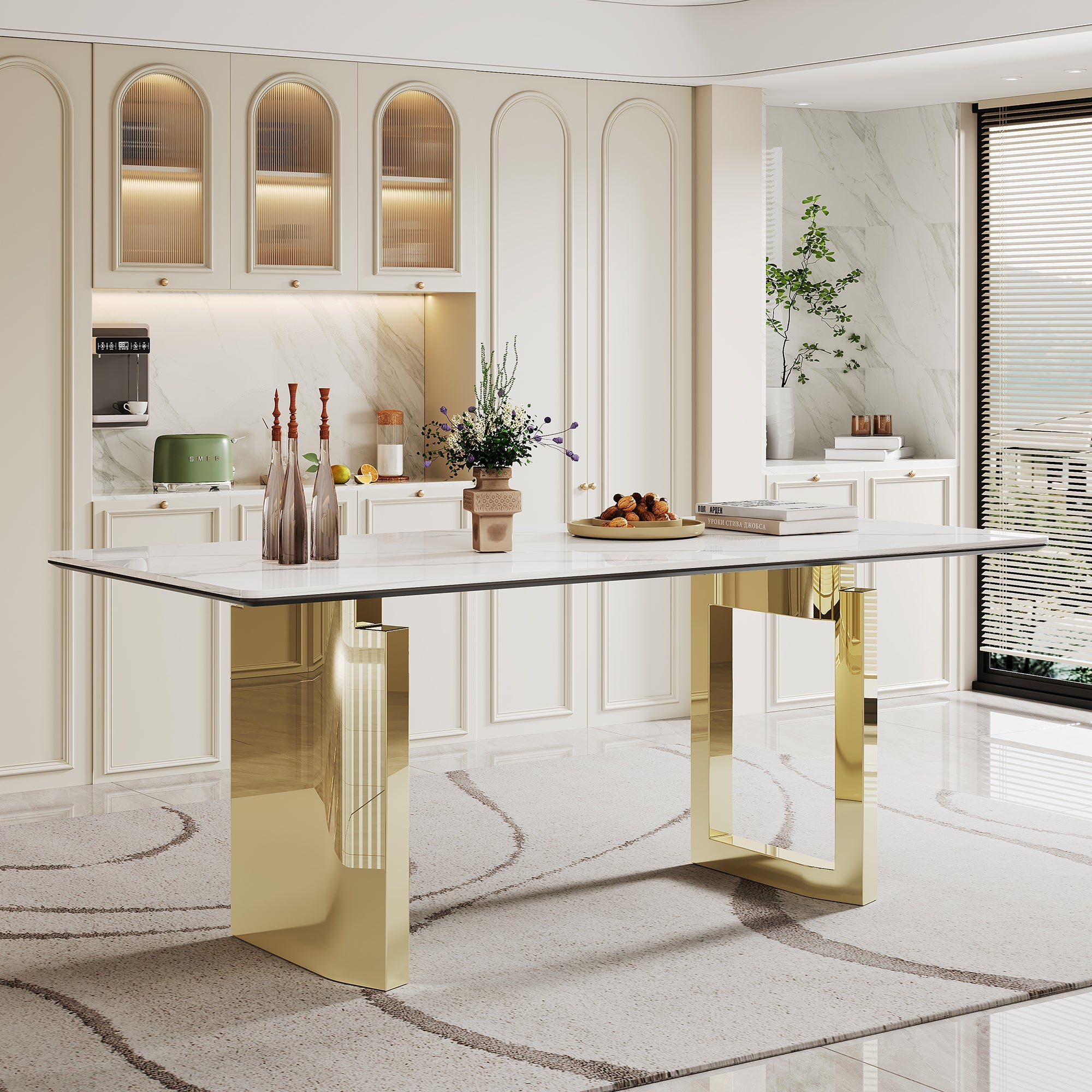 0.47' Thick Sintered Stone Composite Tempered Glass Top Rectangular Dining Table with Stainless Steel Base