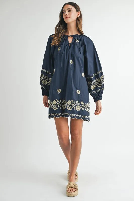 MABLE Embroidered Long Sleeve Peasant Mini Dress