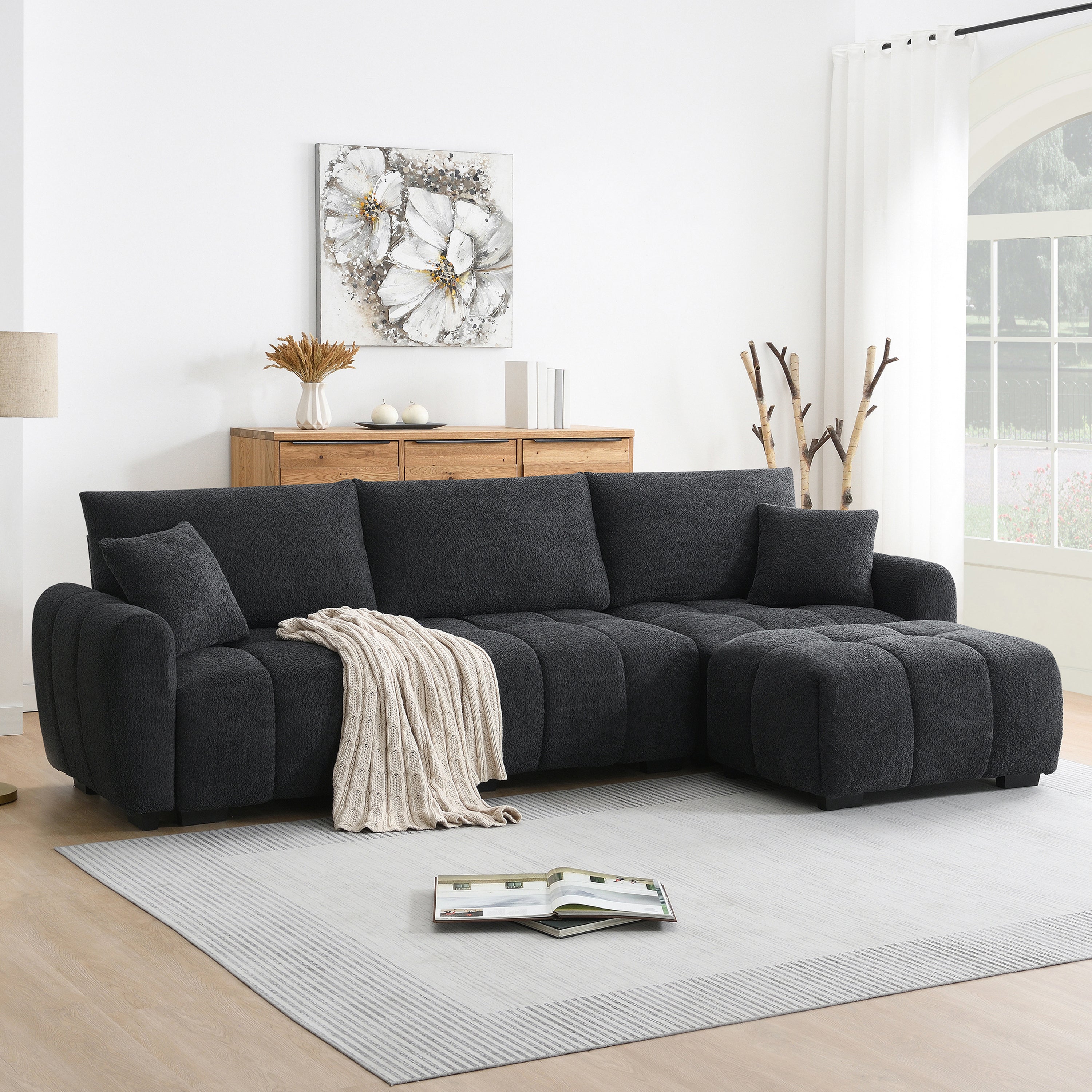 110' Modular Sectional Sofa, L Shape with Extra-large Seat, Pull-line Design, Movable Ottoman, High Density Foam, Free Combination, Sturdy Metal&Wood Frame, Boucle Fabric, 3 Colors