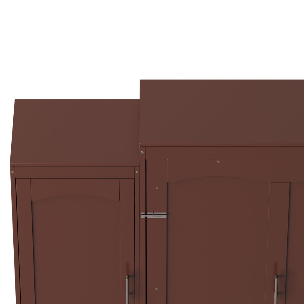 Full Size Murphy Bed, Wooden Full Wall Bed with 2 Wardrobe and Storage Shelf, Multifunctional Foldable Platform Bedframe for Guest-Room, Bedroom, Walnut