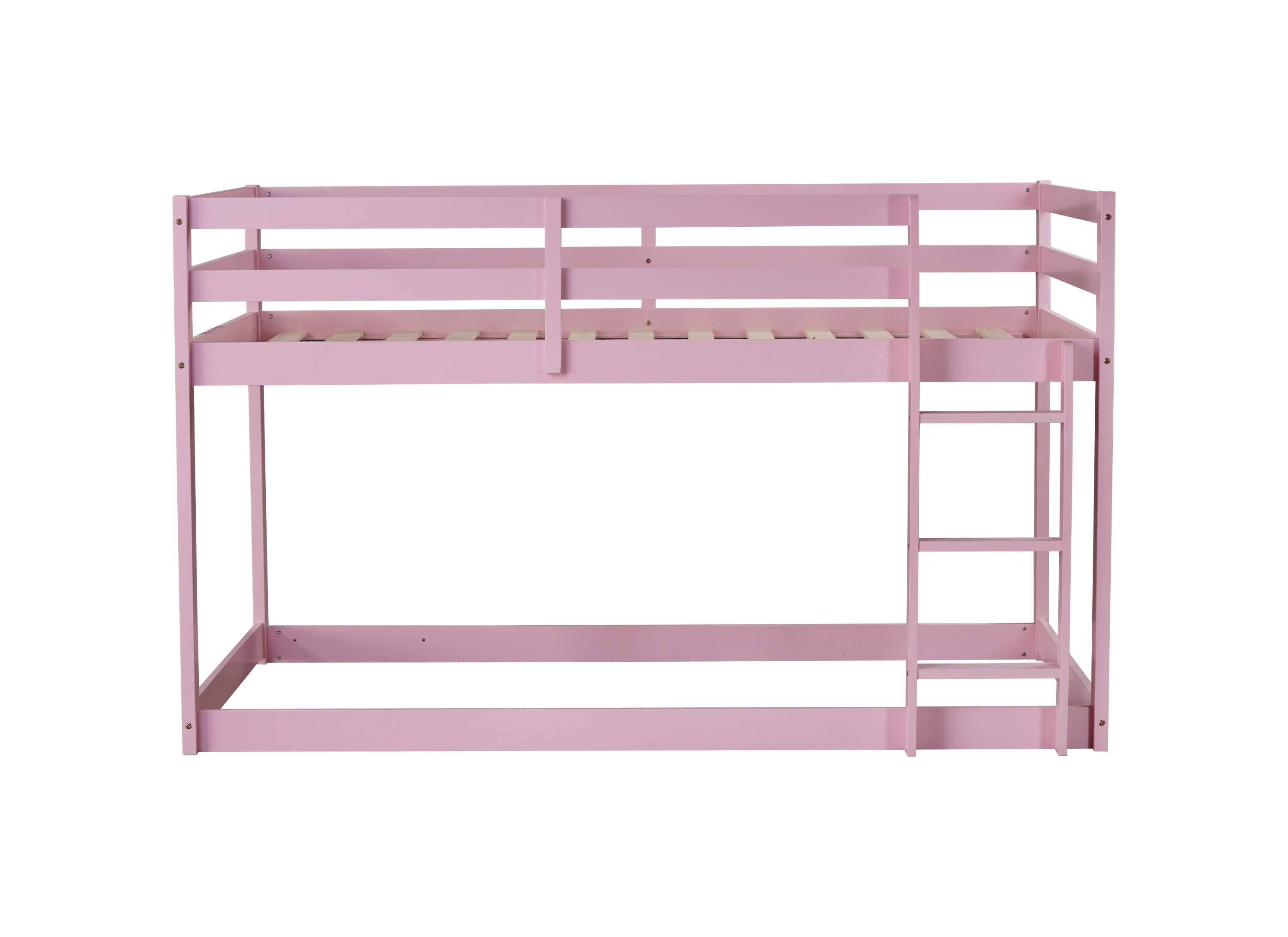 Solid Wooden, Solid Rubber Wooden Twin over Twin Floor Bunk Bed with Ladder, with Bed Platform of Strengthened Slats , Pink