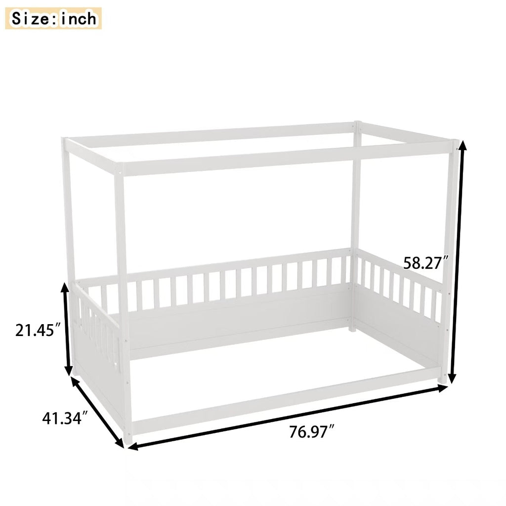 Twin Size Canopy Bed Frame with Guardrails for Kids,Floor Bed Twin with Four Poster Design,Kids Montessori Floor Bed,Wood Canopy Bed Frame for Girls,Boys(Twin,White)