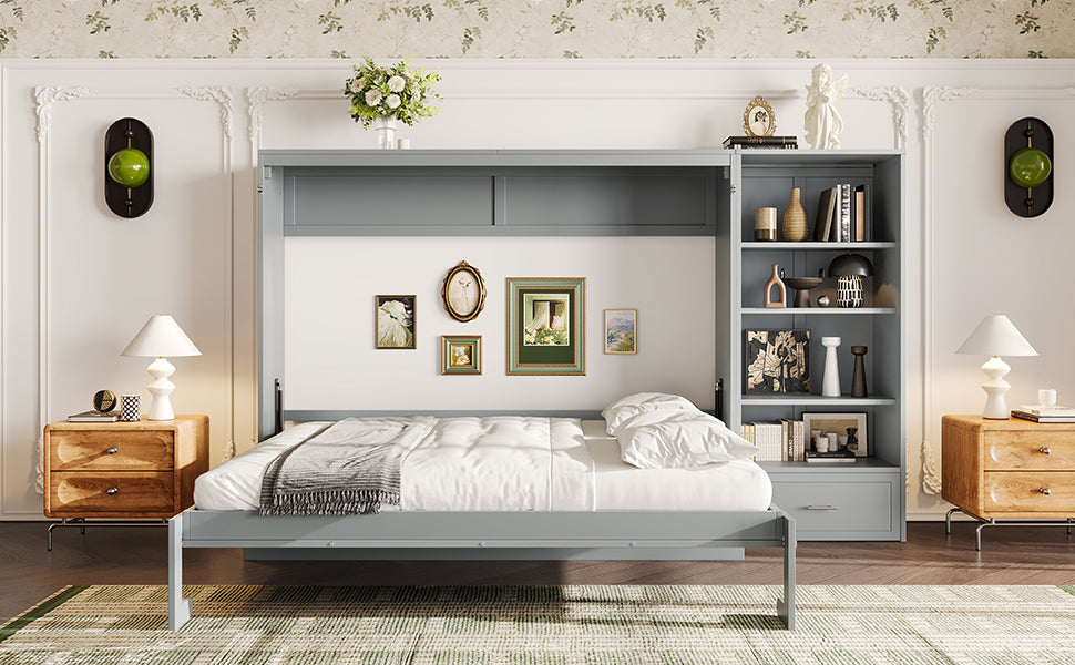 Queen Size Murphy Bed with Height Adjustable Storage Compartments and Shelf, Wall Bed Frame With 1 Drawer, Multifunctional Foldable Platform Bed for Small Space,Bedroom,Guest Room, Gray