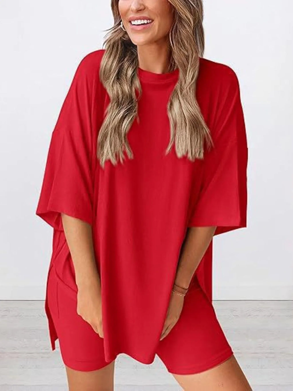 Oversized Slit Round Neck Top and Shorts Lounge Set Plus Size