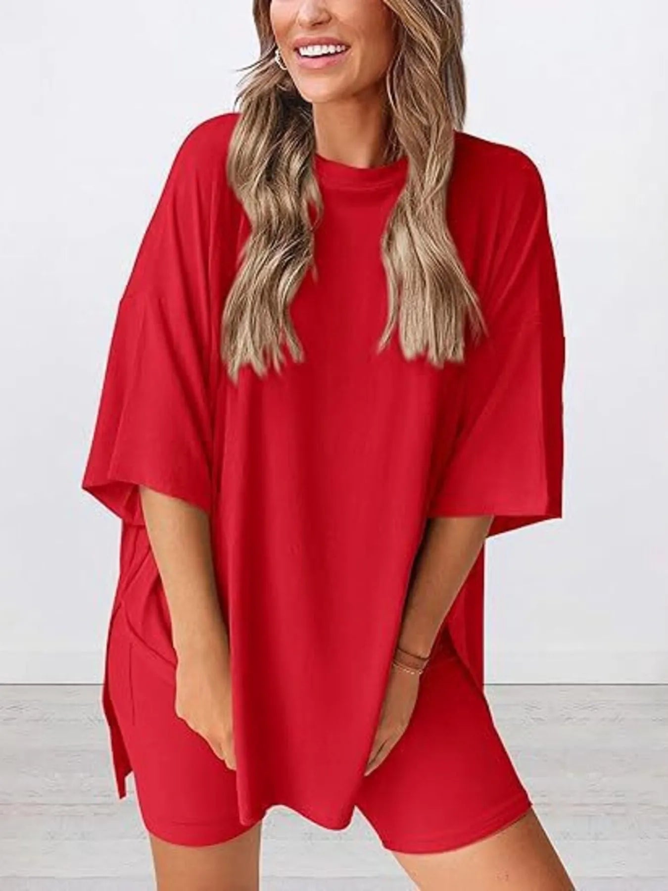 Oversized Slit Round Neck Top and Shorts Lounge Set Plus Size