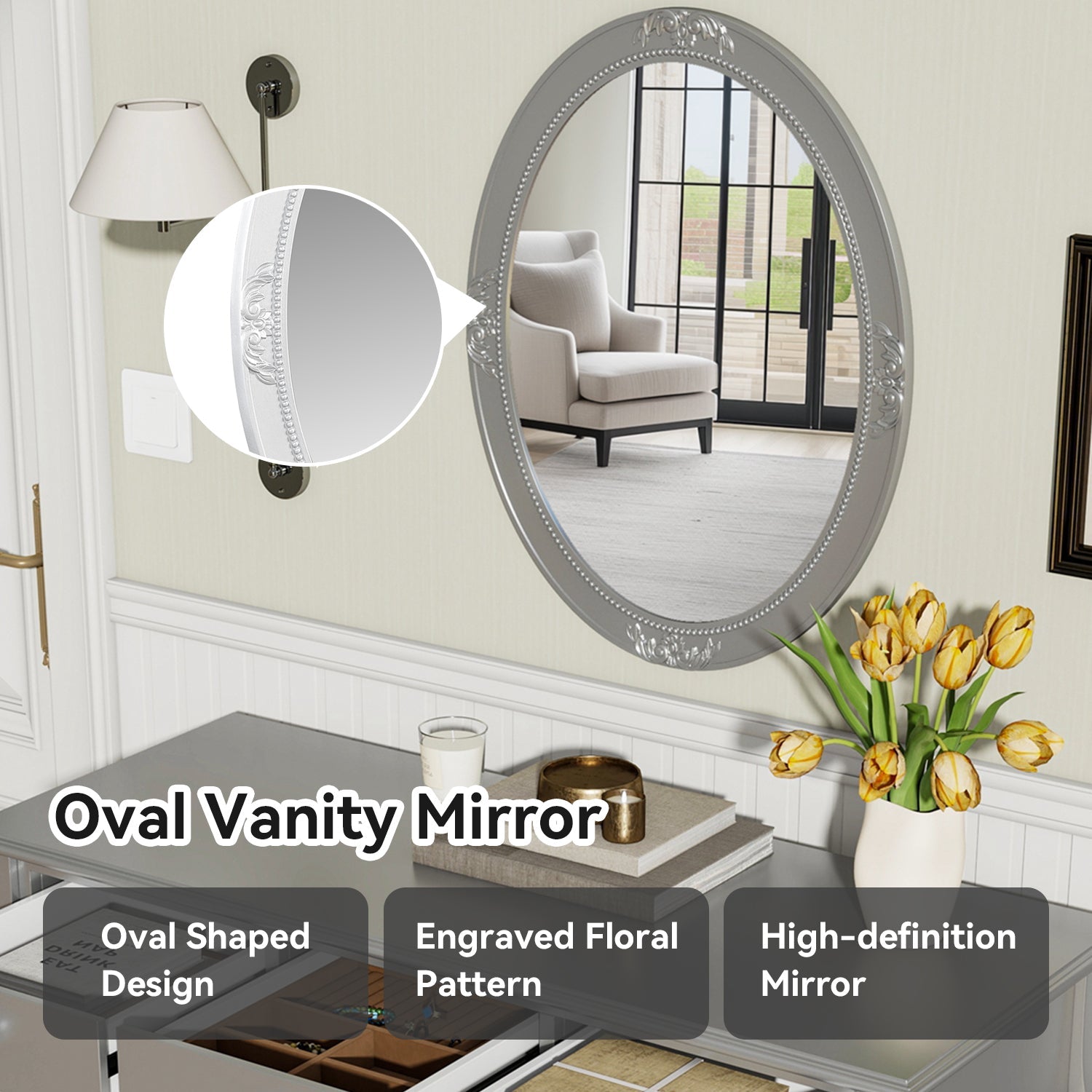Luxury Makeup Vanity Desk with Oval Mirror, 3-Drawer Dressing Table for Jewelry Storage, Elegant Console Table for Entryway, Living Room & Bedroom, Stylish Home Decor,Silver