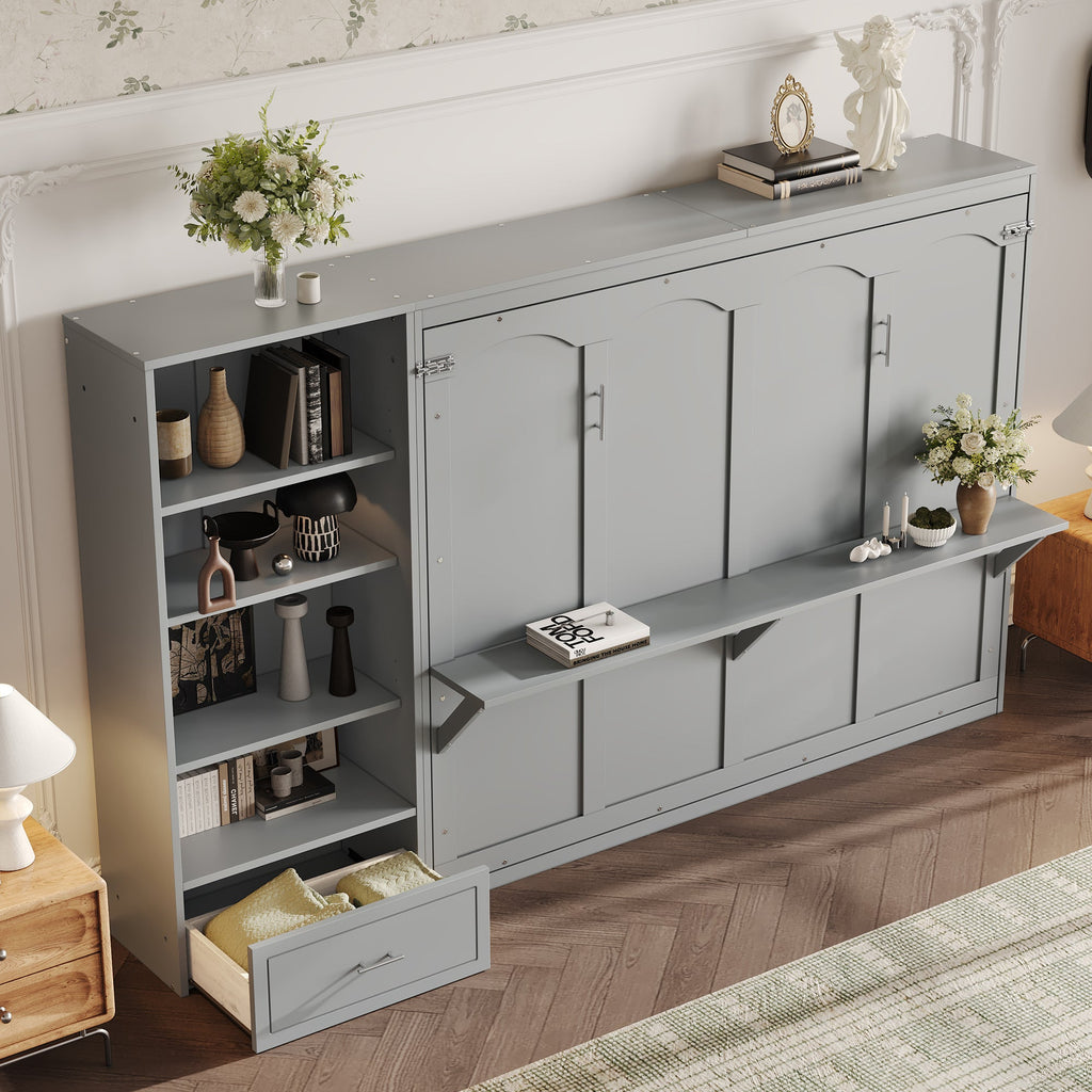 Queen Size Murphy Bed with Height Adjustable Storage Compartments and Shelf, Wall Bed Frame With 1 Drawer, Multifunctional Foldable Platform Bed for Small Space,Bedroom,Guest Room, Gray