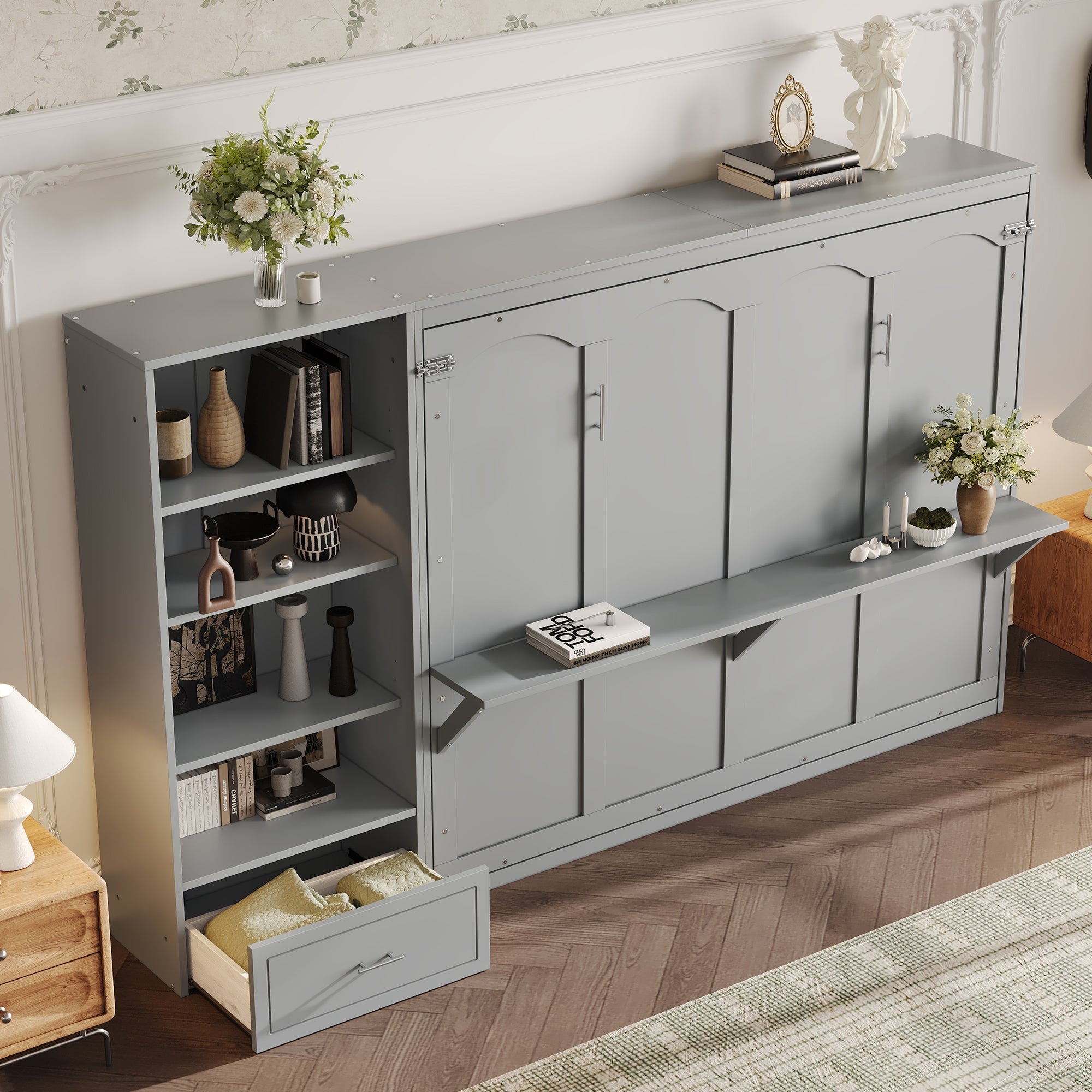 Queen Size Murphy Bed with Height Adjustable Storage Compartments and Shelf, Wall Bed Frame With 1 Drawer, Multifunctional Foldable Platform Bed for Small Space,Bedroom,Guest Room, Gray