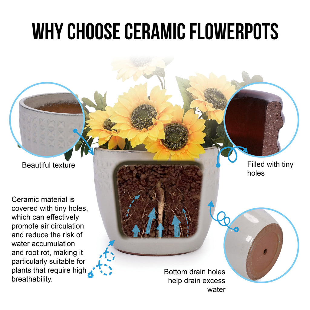 Set of 3 Ceramic Flowerpot, Modern Planter for Patio, Garden, Windowsill - Ancient White