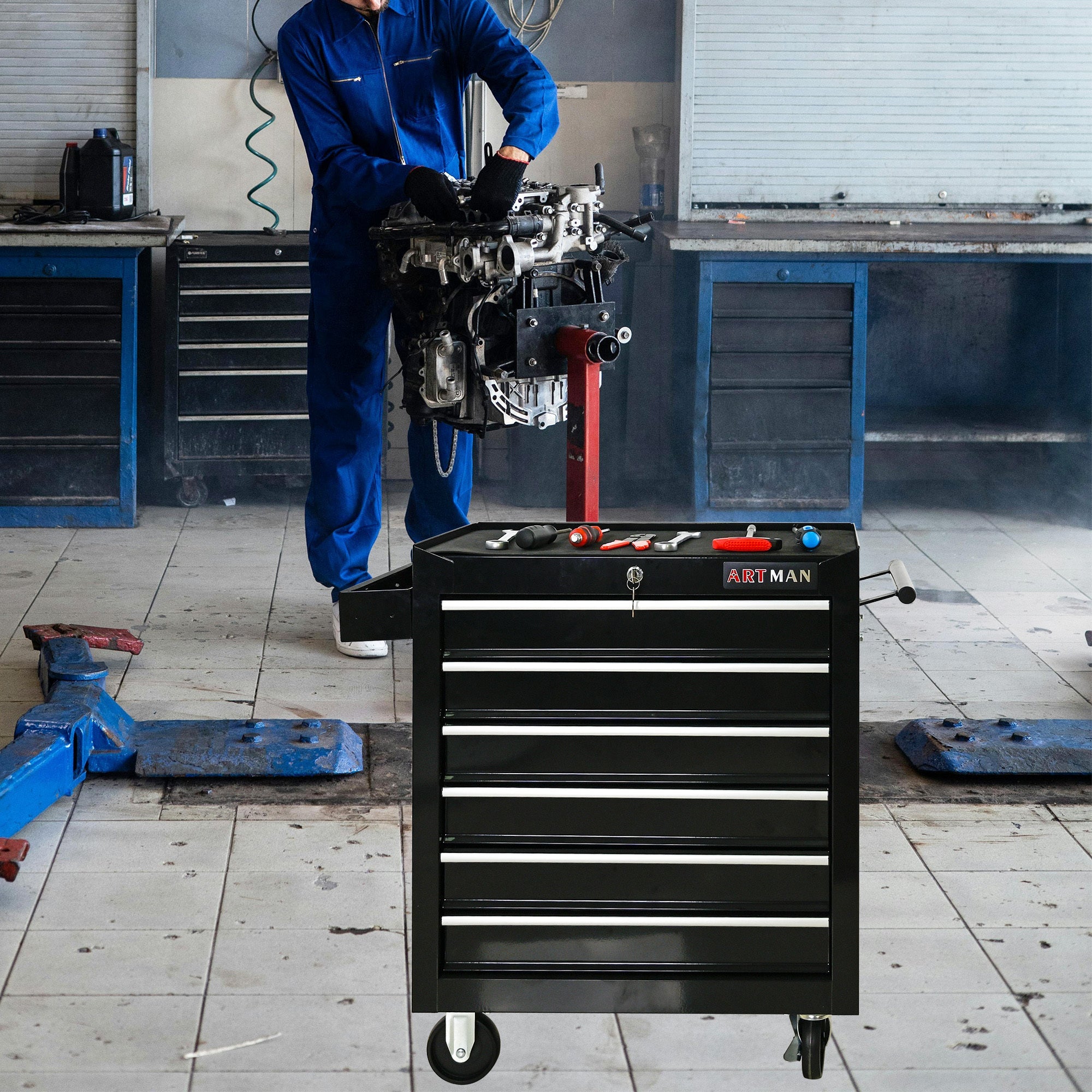 Rolling Tool Chest, 6-Drawer Tool Box with Wheels, Heavy Duty Industrial Service Cart Storage Organizer with Locking System, Rolling Tool Box Organizer Tool Case for Garage, Repair Shop - Black