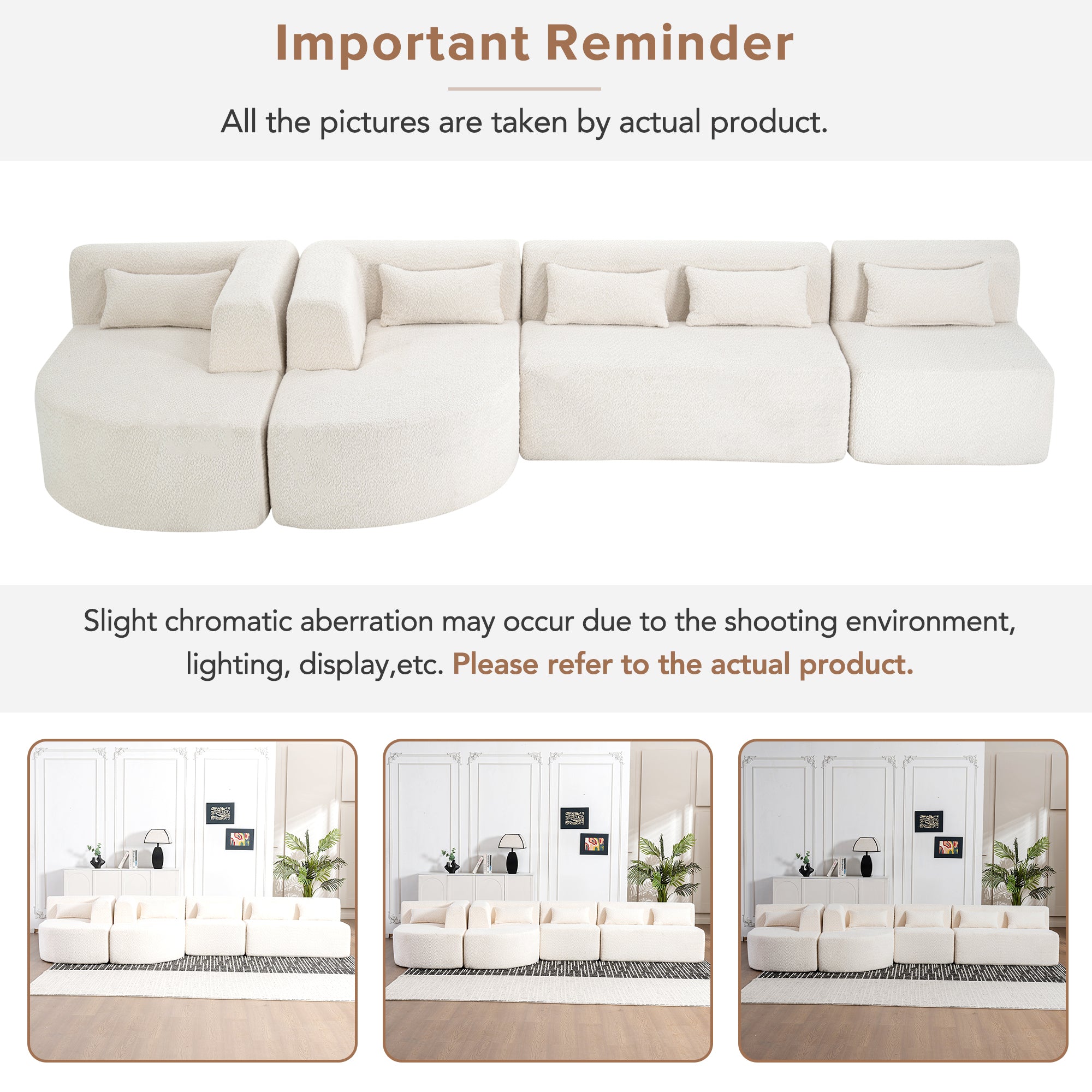 144' Upholstered Sofa Free-combined Sofa Couch with Two Chaise Lounge and Five Back Pillows for Living Room(Old SKU: N719S001600A), Beige