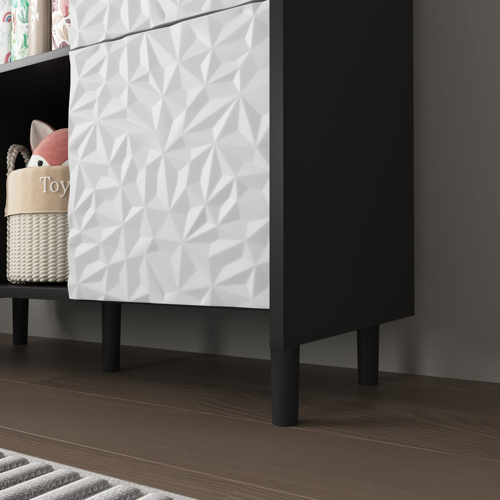 Sideboard Buffet Cabinet, Black Storage Cabinet with Red Doors , 2 Drawers with unique panel styling and 2 Open Storage Compartment, Modern Coffee Bar Cabinet Accent Cabinet for Kitchen, Dining Room,