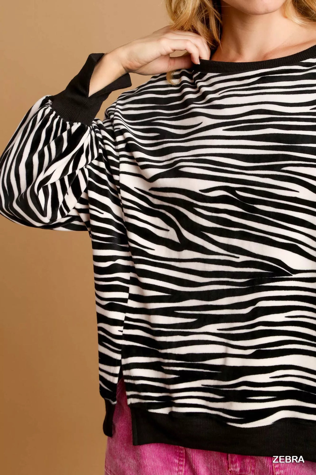 Umgee Zebra Striped Fleece Pullover Sweater Shirt
