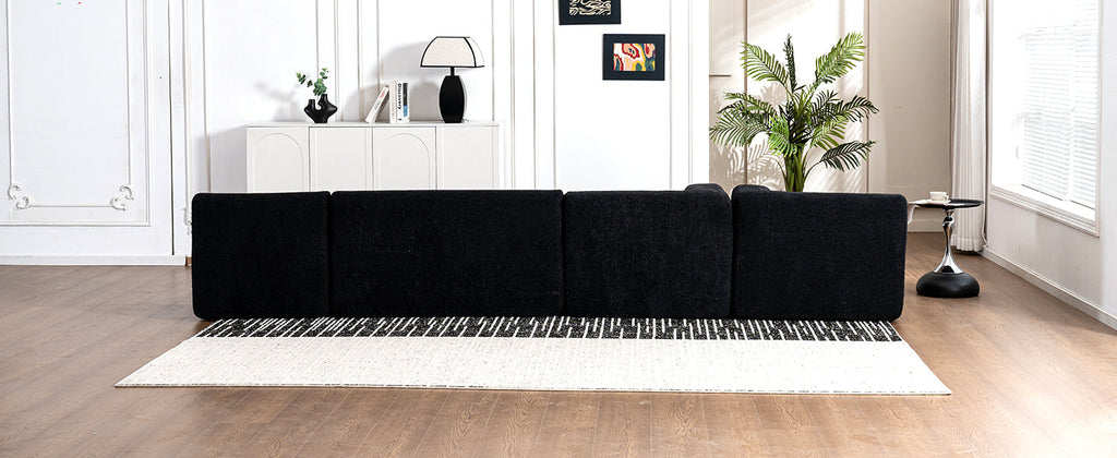 144' Upholstered Sofa Free-combined Sofa Couch with Two Chaise Lounge and Five Back Pillows for Living Room(Old SKU: N719S001600B), Black