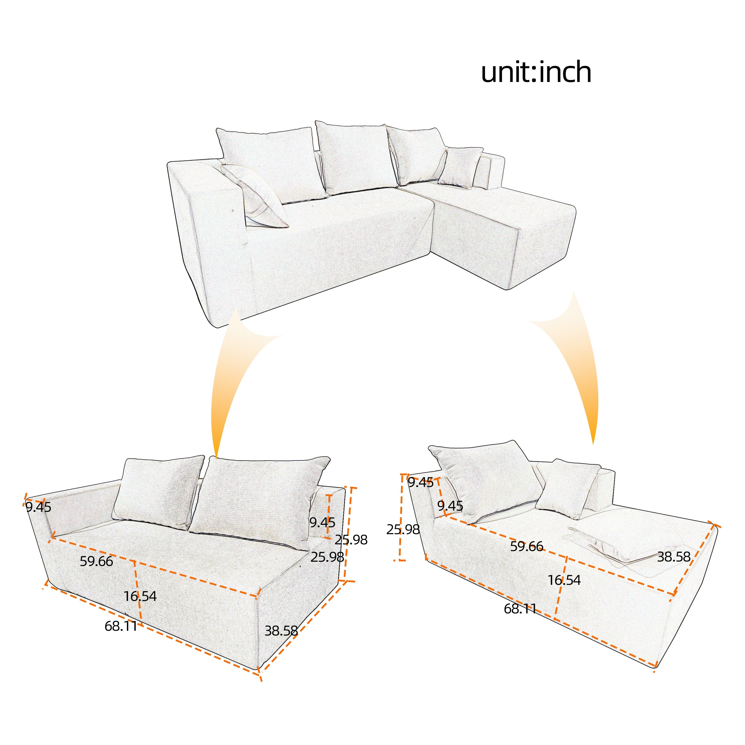 Combination sofa and sofa bed on the right corner, made of high-density sponge and soft linen fabric, with multiple combination methods (beige)