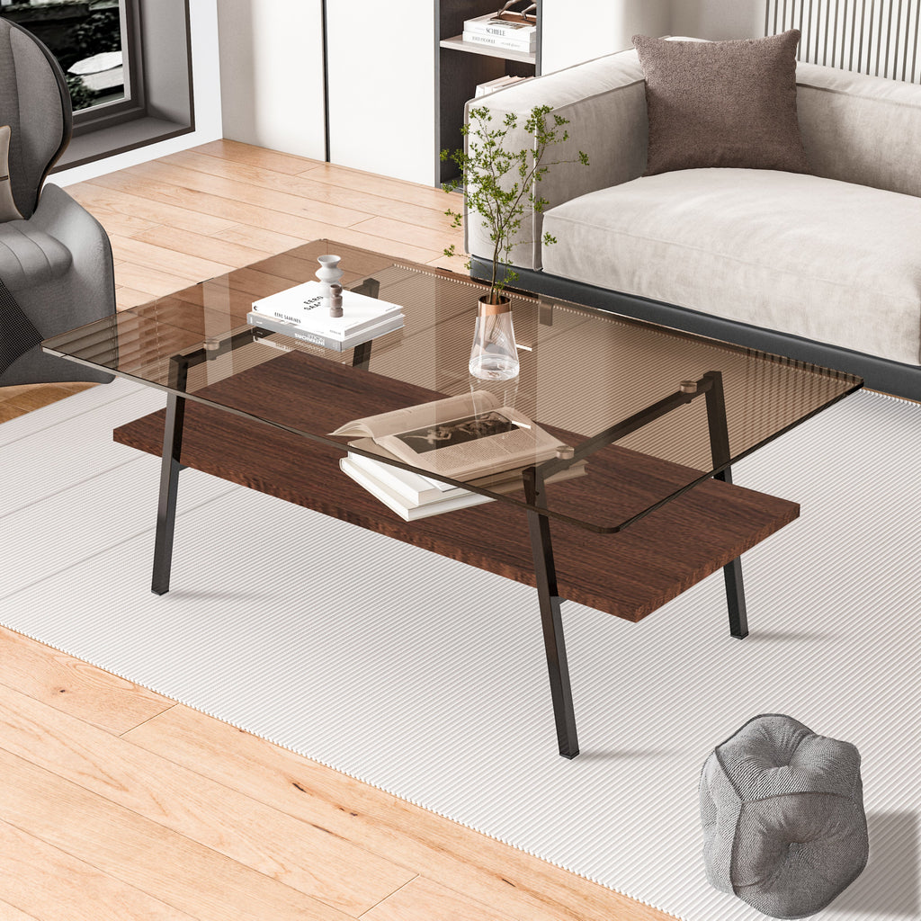 Rectangle Coffee Table, Tempered Glass Tabletop with Black Metal Legs, Modern Table for Living Room , Brown Glass