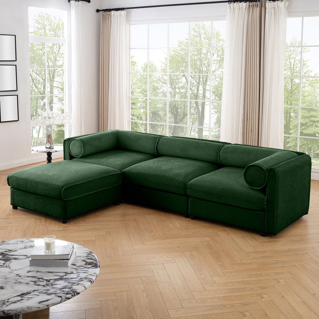 Elegant Green Chenille  Sofa with Storage Seat and Ottoman, L-Shaped 3-Seater Cylindrical Backrest and Armrests, Contemporary 3-Seater Fabric Couch with Hidden Storage Compartment