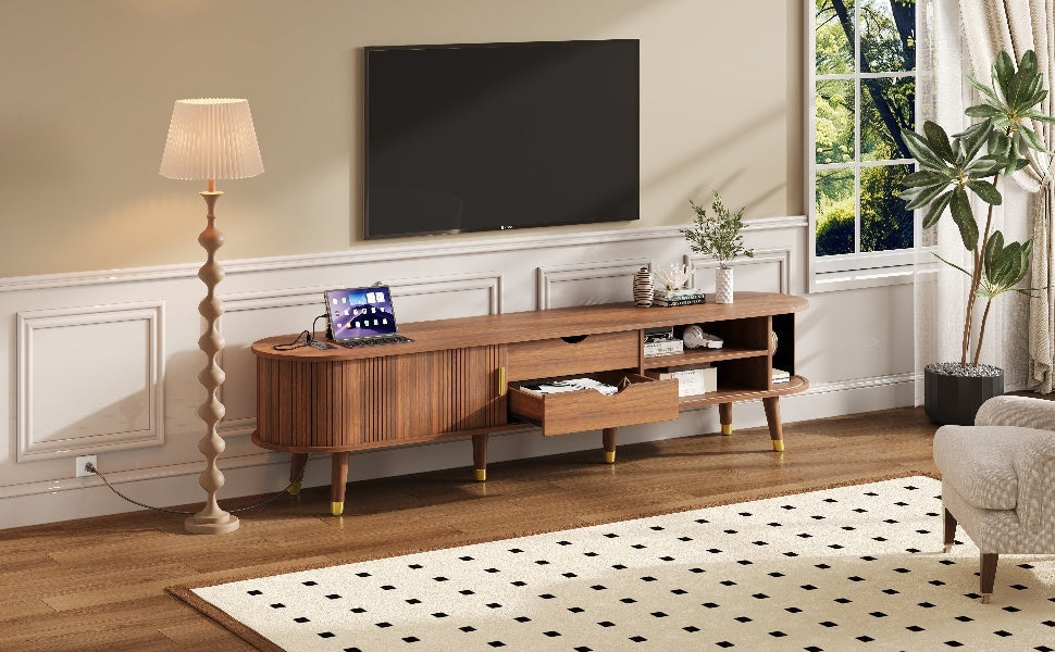 Wooden Oval Fluted TV Stand with Charging Station for TV up to 80', Mid-Century Media Console with Sliding Tambour Door, Farmhouse TV Cabinet with Golden Handle for Living Room, Walnut