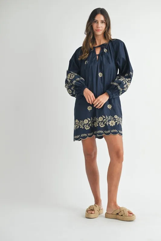 MABLE Embroidered Long Sleeve Peasant Mini Dress