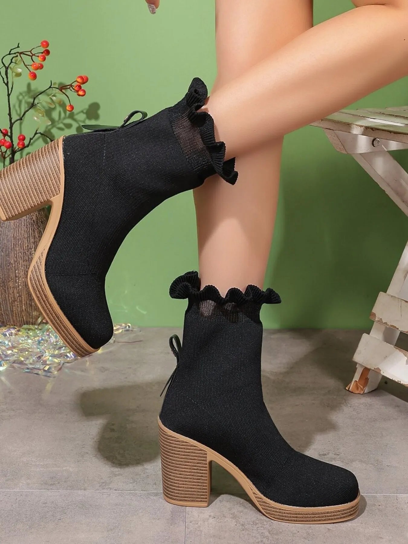 Ruffled Trim Chunky Heel Boots