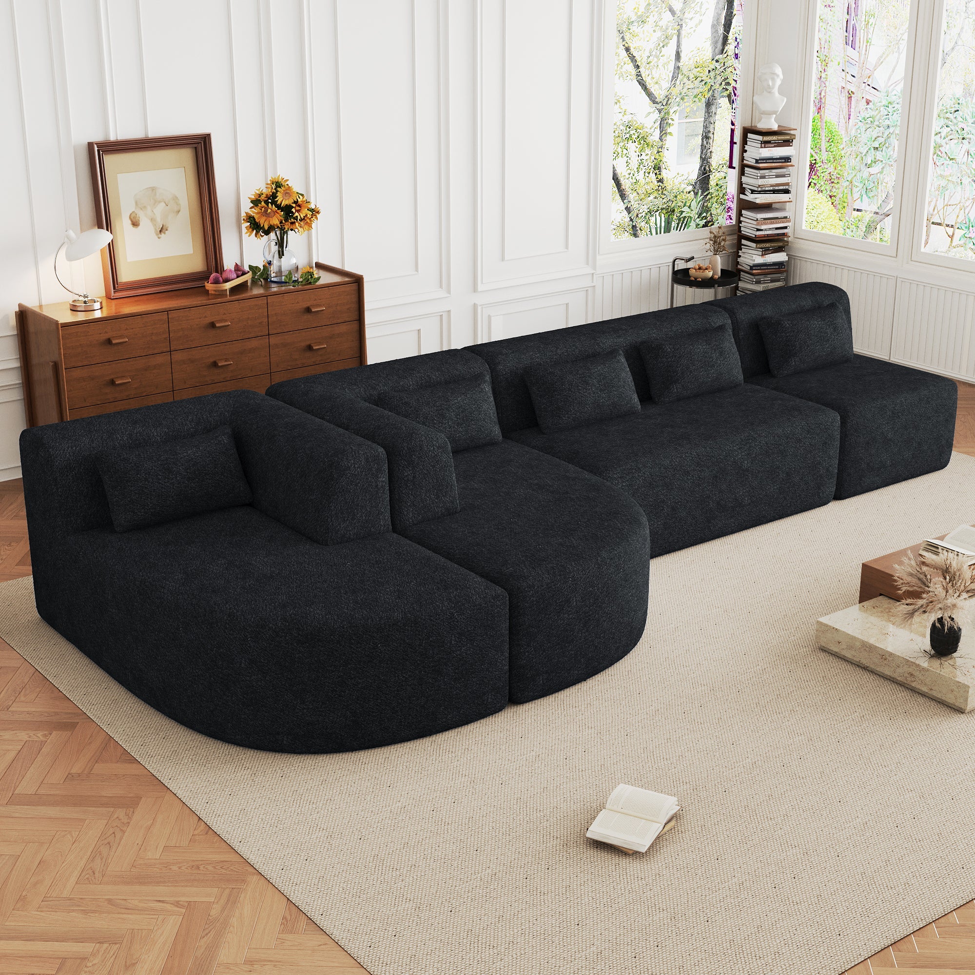 144' Upholstered Sofa Free-combined Sofa Couch with Two Chaise Lounge and Five Back Pillows for Living Room(Old SKU: N719S001600B), Black