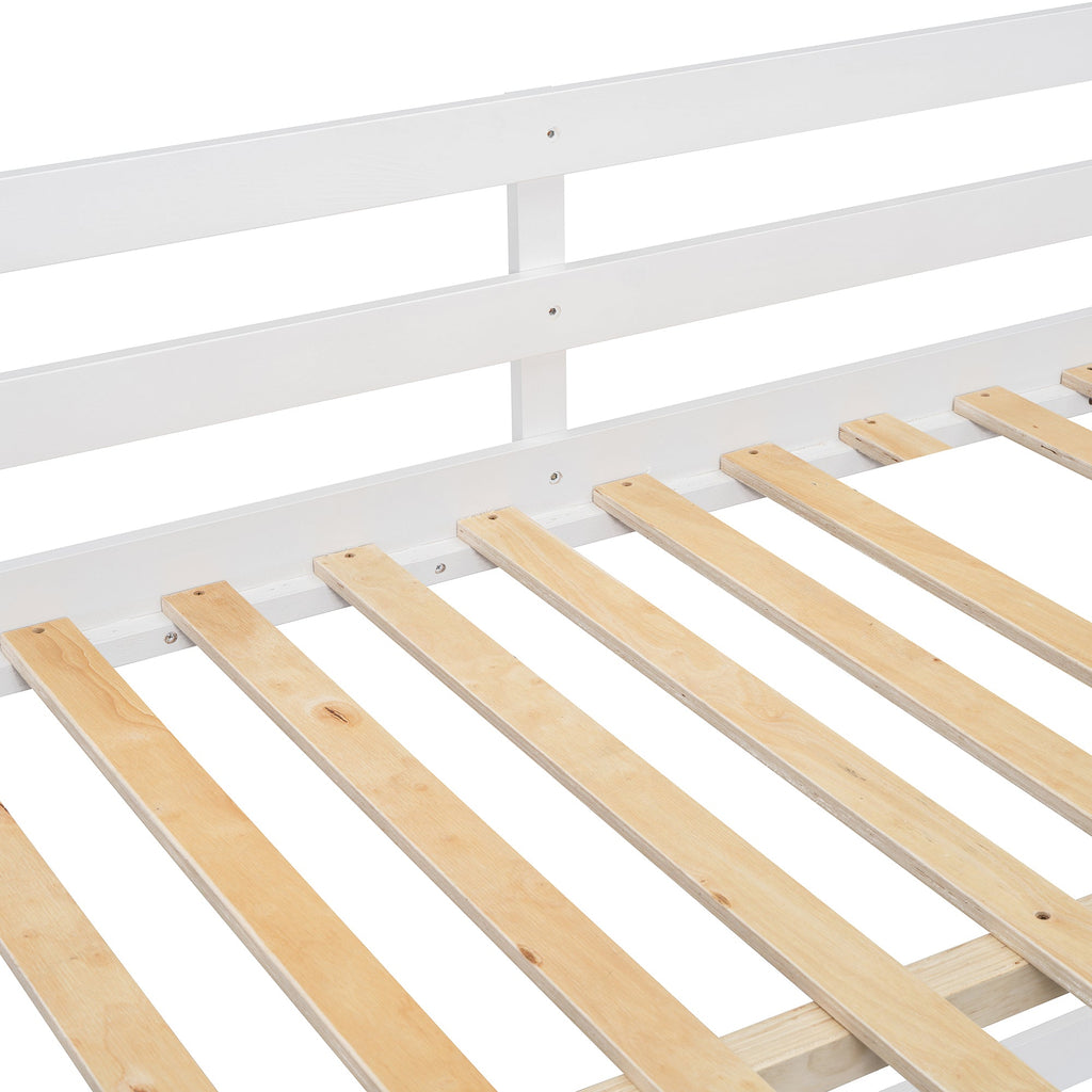 Elegant White Full Over Full Bunk Bed with Storage and Shelves - Solid Wood and Durable Design