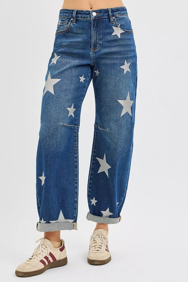 RISEN Mid Rise Ankle Length Relaxed Barrel Star Printed Jeans