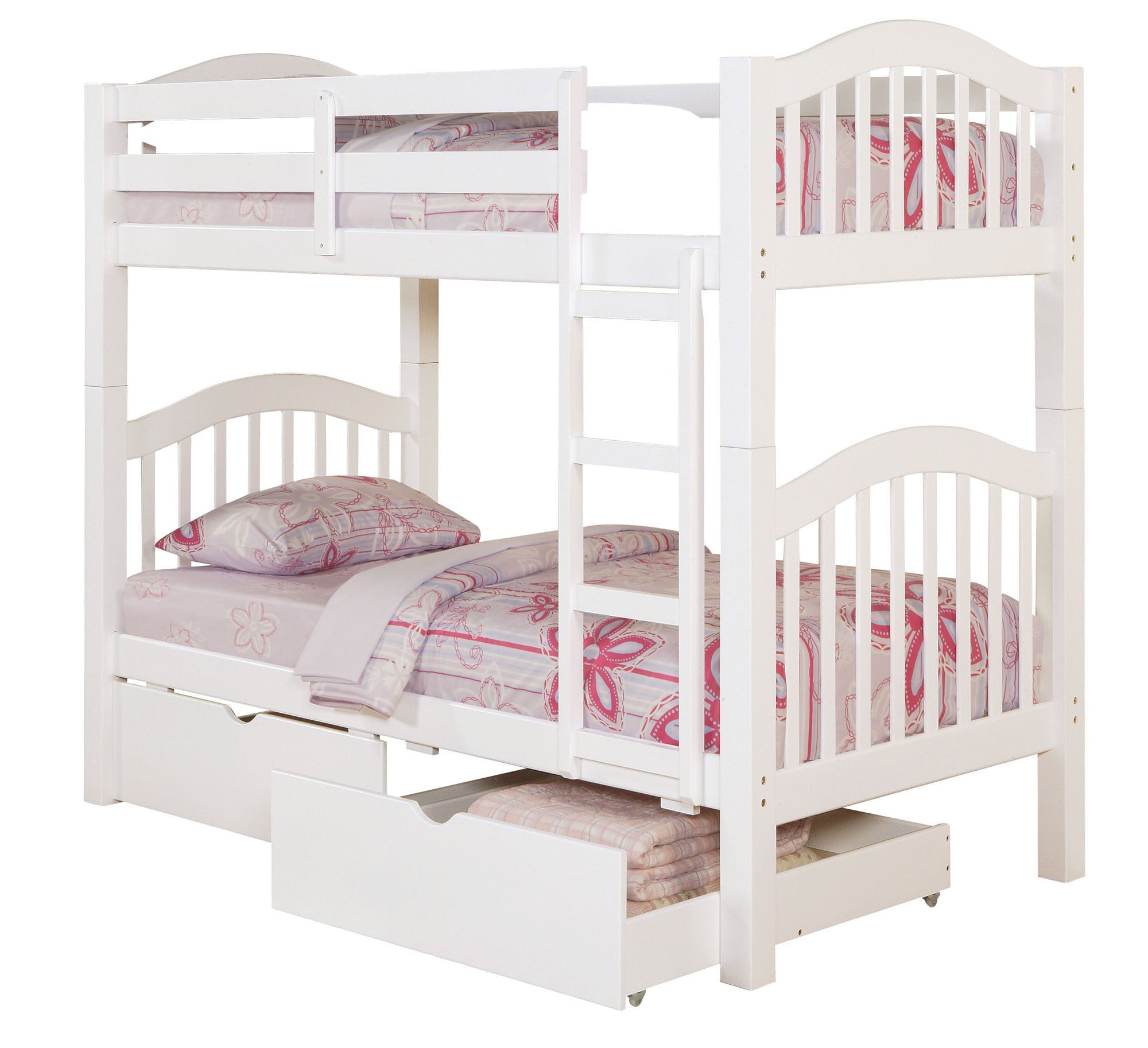 White Twin Over Twin Bunk Bed with Built-in Ladder