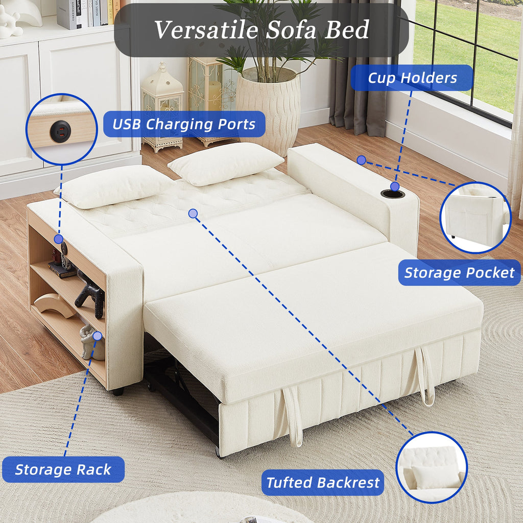 61.4' Pull-out Sofa Bed Convertible Couch Loveseat Sofa Modern Sleeper Sofa with Adjustable Backrest for Living Room, Beige