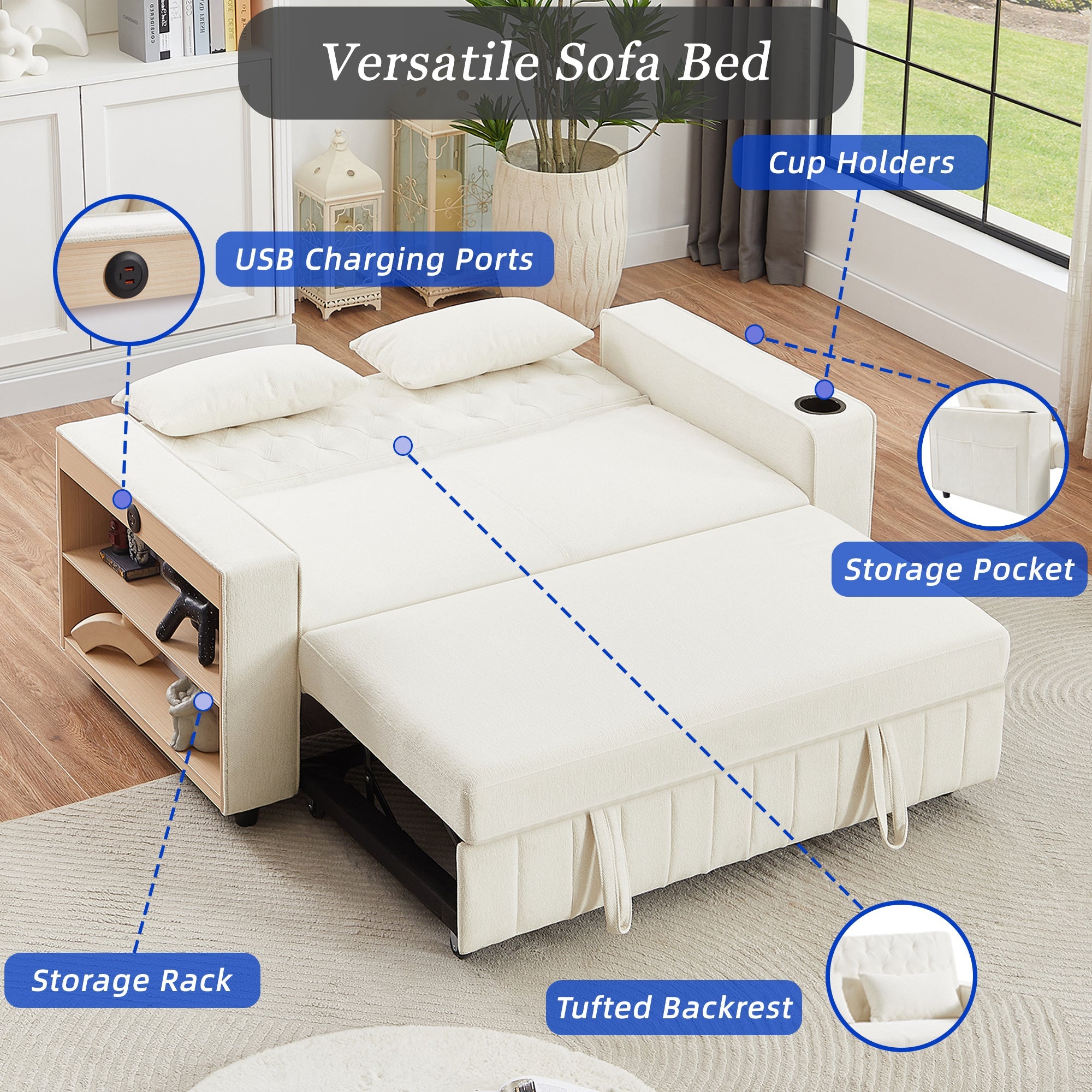 61.4' Pull-out Sofa Bed Convertible Couch Loveseat Sofa Modern Sleeper Sofa with Adjustable Backrest for Living Room, Beige