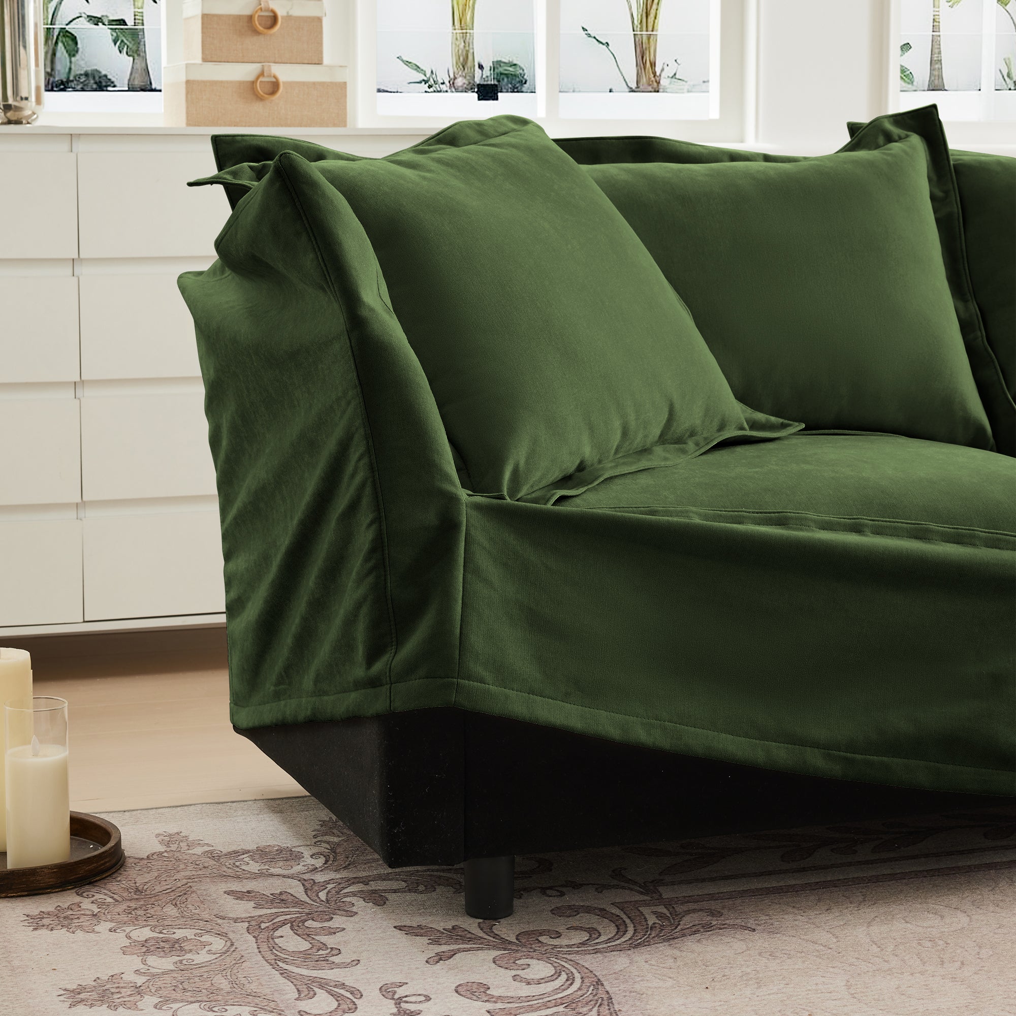 Living Room Sofa Slipcovered Sofa 3 Seater Sofa With 3 Ottomans, Oversized 3-Seat Sleeper Sofa Bed Home Theater Sofa,  Chenille, Green