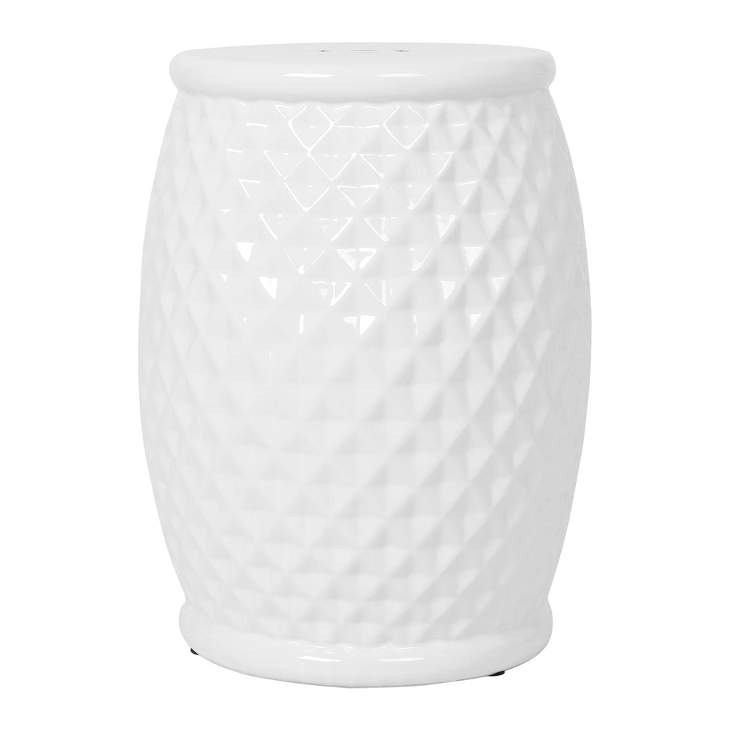 Glazed Ceramic Drum Stool - Indoor/Outdoor Side Table - White Ceramic 11 x 17.25 Inches