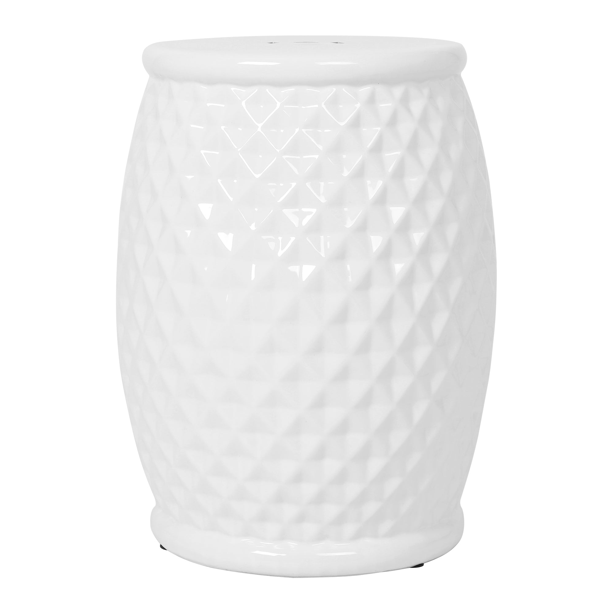Glazed Ceramic Drum Stool - Indoor/Outdoor Side Table - White Ceramic 11 x 17.25 Inches