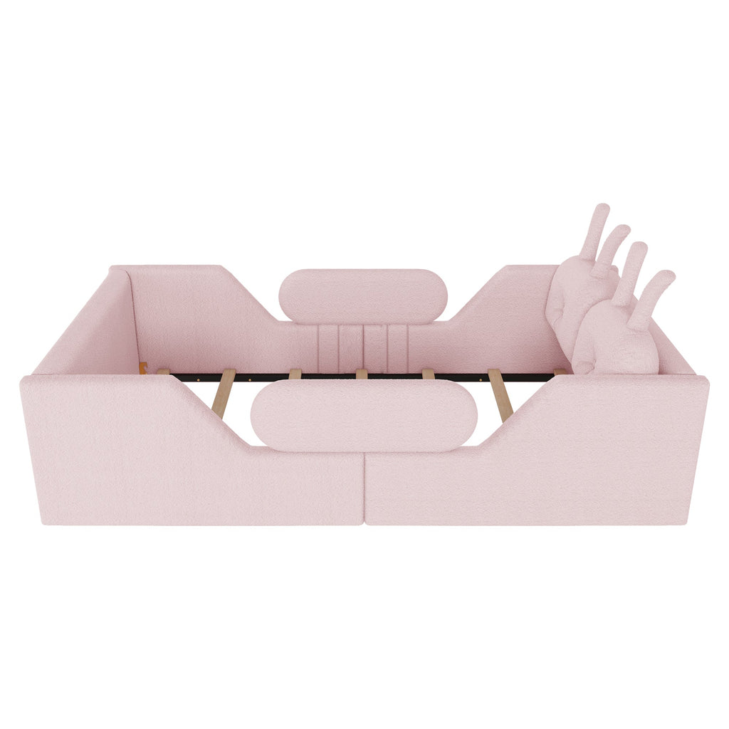 Twin Size Upholstered Platform Bed with Rabbit Cushion, Kids Floor Upholstered Bed with Removable Side Rails, Pink(Expect Arrival Date 2025/1/15)