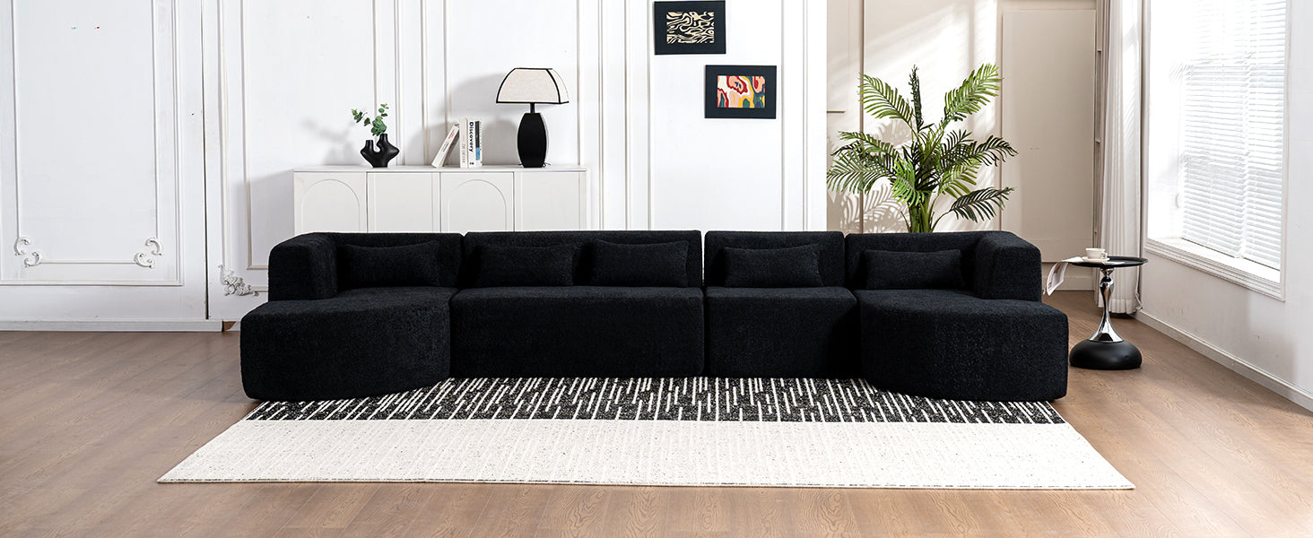 144' Upholstered Sofa Free-combined Sofa Couch with Two Chaise Lounge and Five Back Pillows for Living Room(Old SKU: N719S001600B), Black