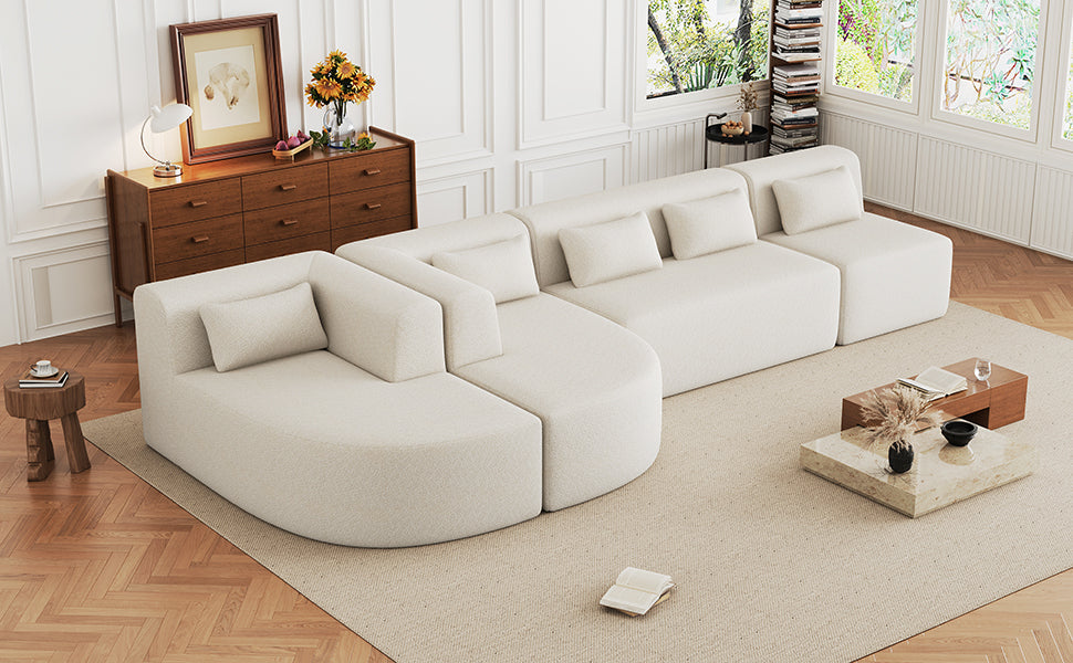 144' Upholstered Sofa Free-combined Sofa Couch with Two Chaise Lounge and Five Back Pillows for Living Room(Old SKU: N719S001600A), Beige
