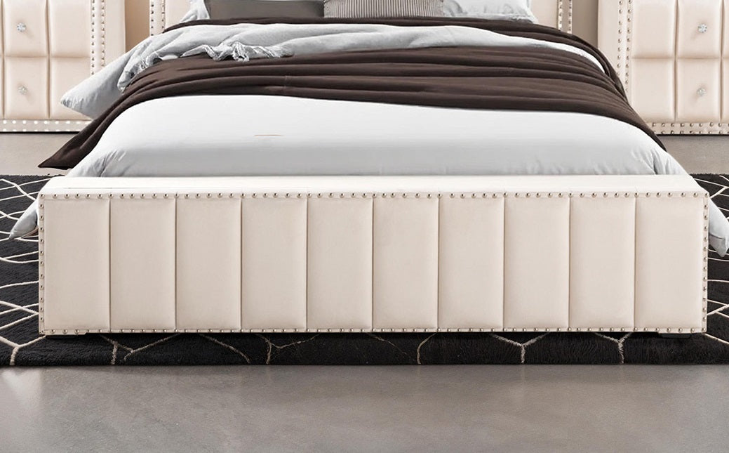 Full Size Bed 2x Nightstands Bedroom Furniture Contemporary Beige Fabric Upholstered Bedframe w LED Nailhead Trim 3pc Bedroom Set