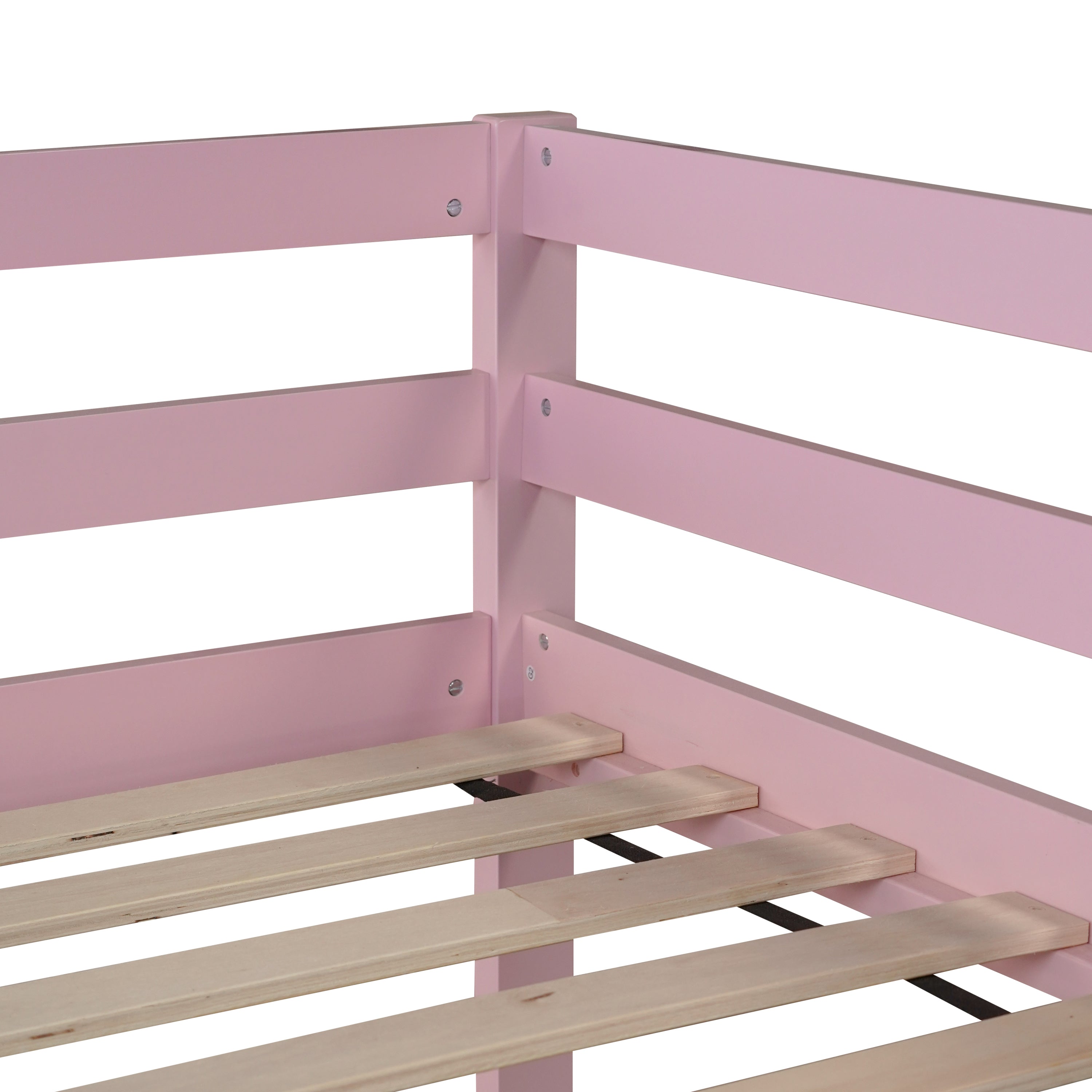 Solid Wooden, Solid Rubber Wooden Twin over Twin Floor Bunk Bed with Ladder, with Bed Platform of Strengthened Slats , Pink