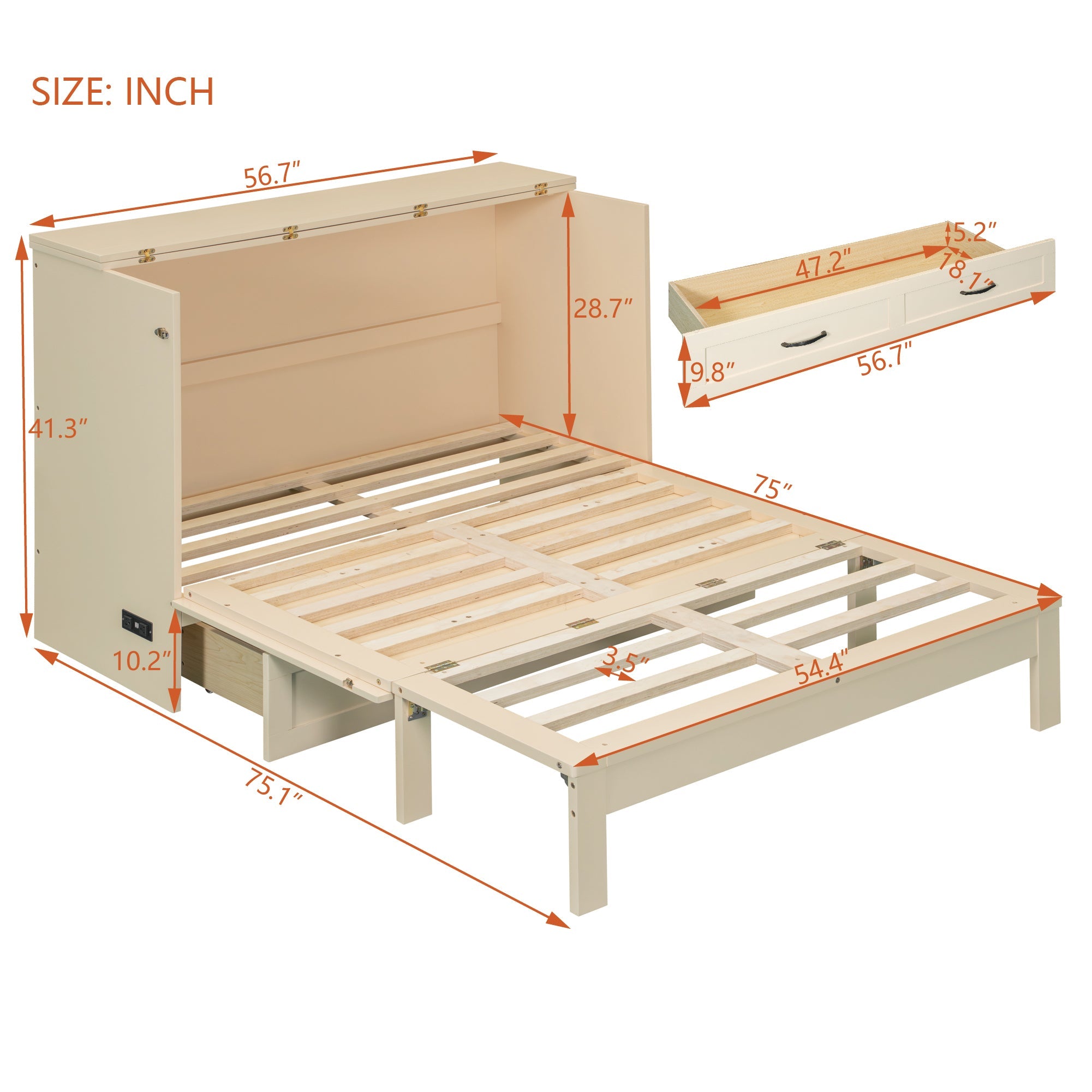 Full Size Murphy Bed with Large Drawers, Gold