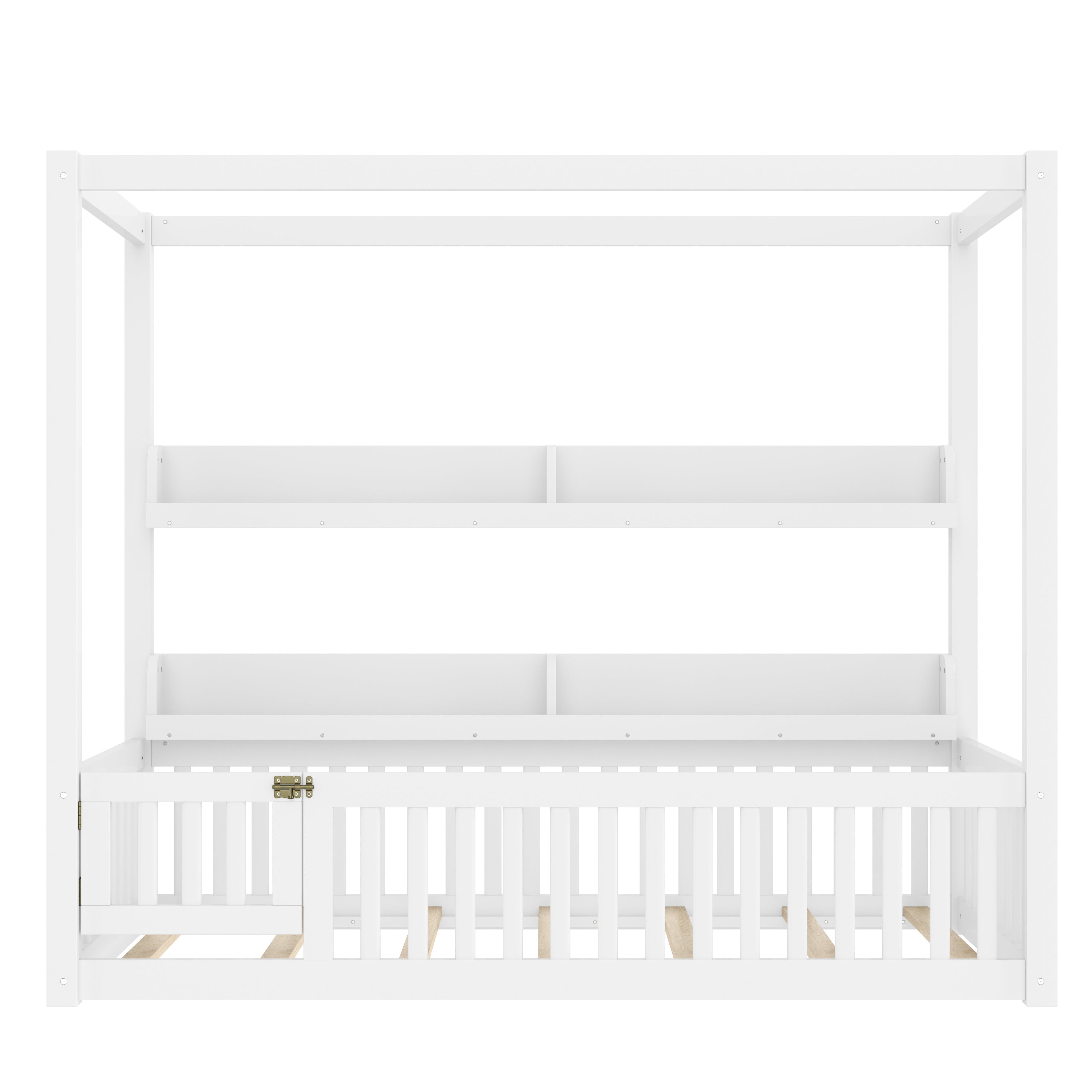 Twin Size Canopy Bed with Guardrails, Solid Wood Floor Bed with Shelves, Montessori Floor Bed Frame for Kids, Boys, Girls, No Spring Box Needed, White