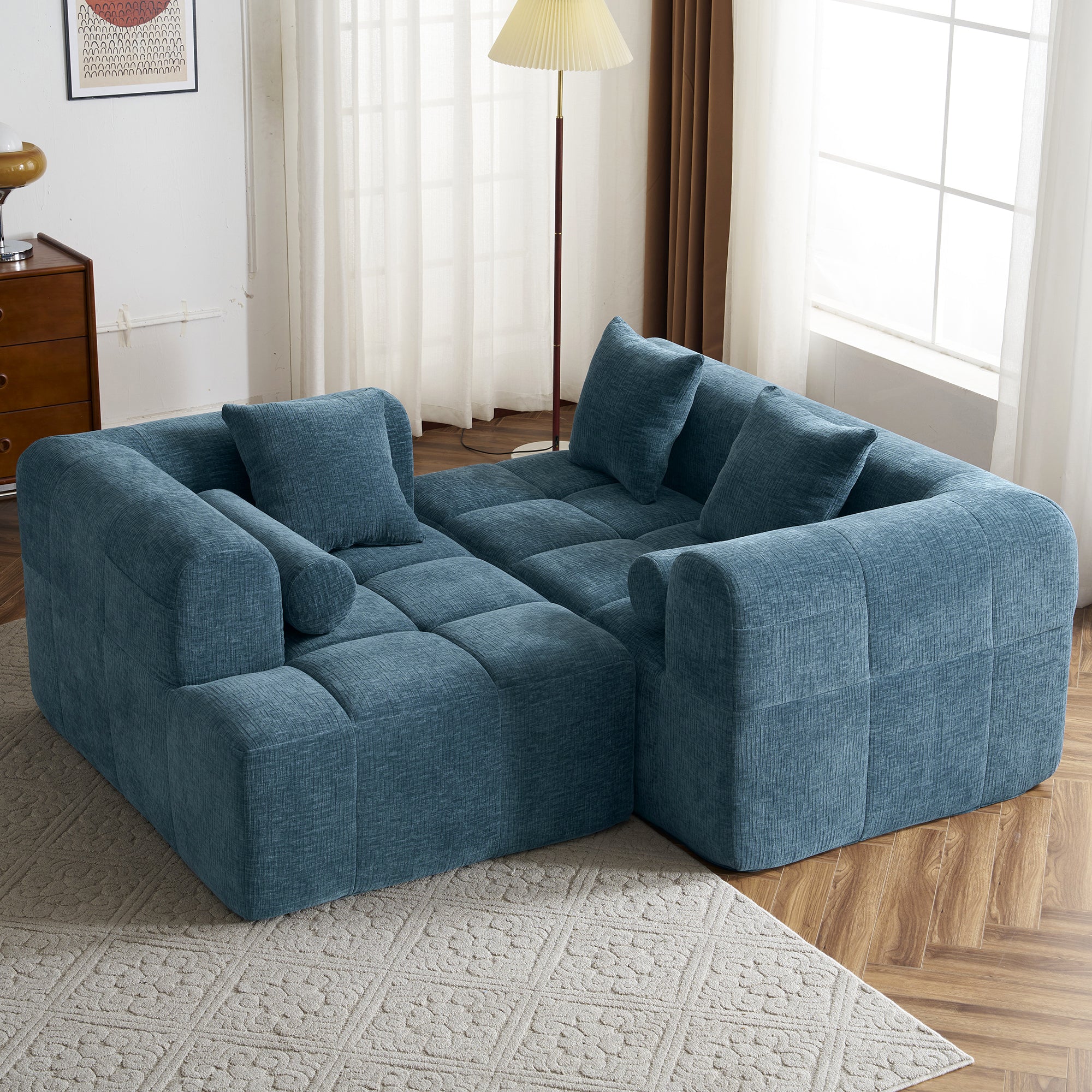 Modern Modular Sofa with Deep Seating, Two Side Pockets, and Plush Pillows in Blue Chenille Fabric, 101.2'