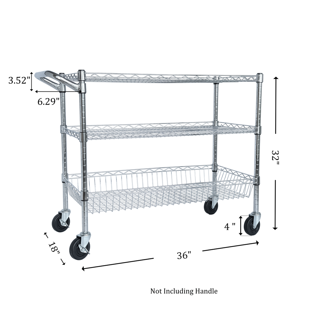 Heavy Duty Rolling Utility Cart,3 Tier Rolling Carts with Wheels,with Handle Bar & Shelf Liners,36'x18'x32'Storage Cart for Kitchen,Restaurant,Plant Display,Chrome