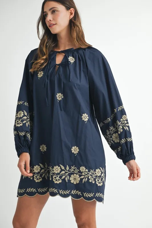 MABLE Embroidered Long Sleeve Peasant Mini Dress