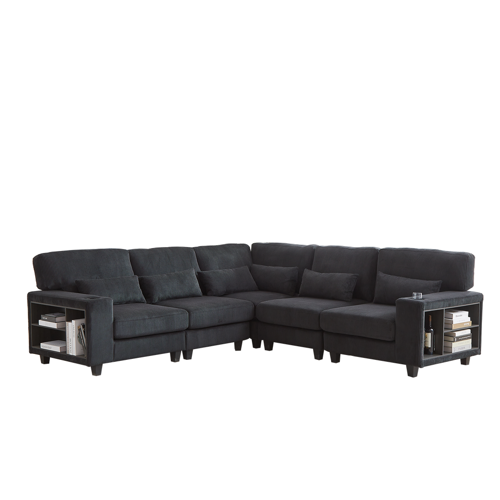 102.75*102.75' L-Shaped Modular Sectional Sofa, Modern Corduroy Sectional Sofa, Arm with Storage With Cup Holder 5-Seat Convertible Sectional Sofa for Living Room, Bedroom, Lounge and Projection Room