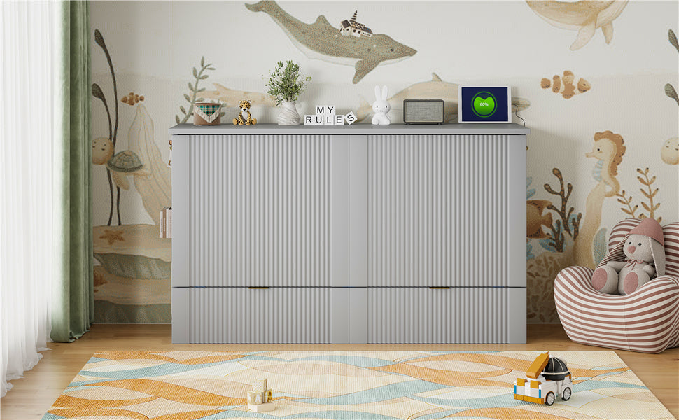 Queen Size Murphy  Bed with drawer and a set of Sockets & USB Ports, Pulley Structure Design, Gray