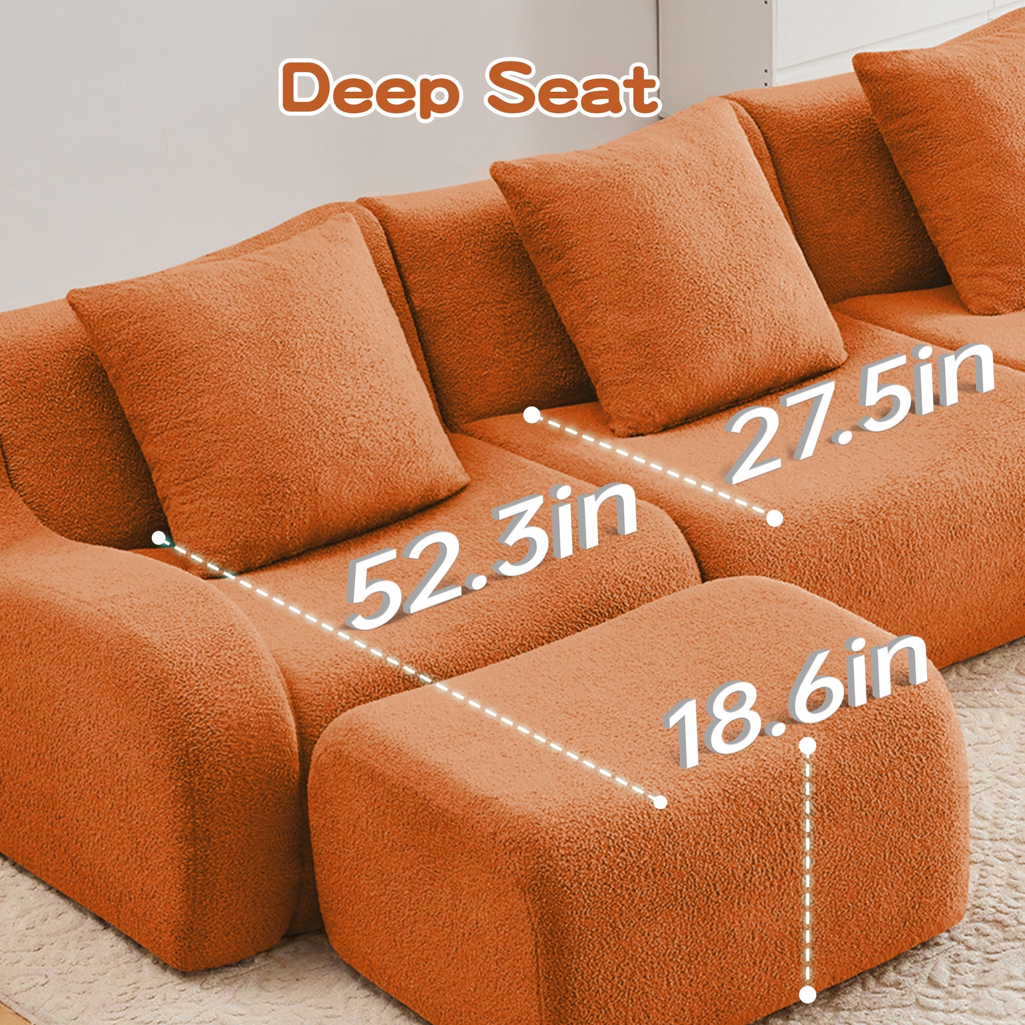 U-Shaped Boneless Sofa,Teddy Fabric No assembly required Curved armrest,Anti-slip Design,Streamlined Design 32D High Density Sponge,Full Compression Vacuum Packag,For Studies living Rooms,Orange