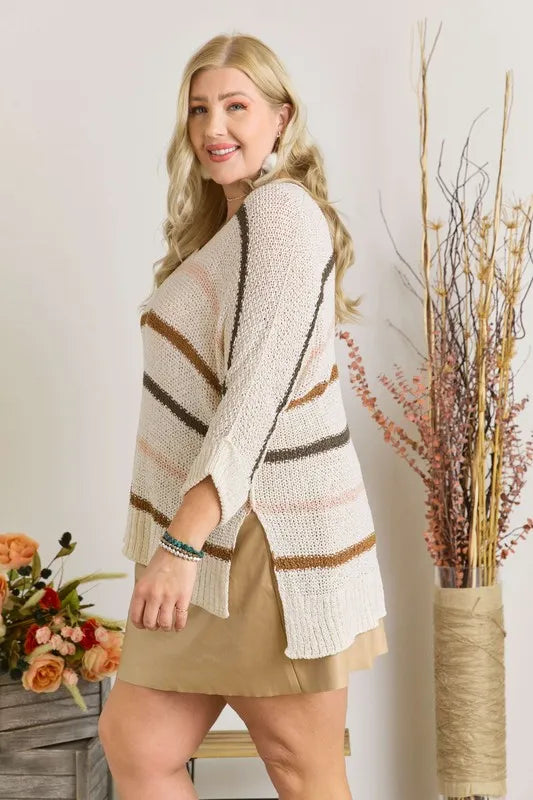 ADORA Full Size Multi Color Strip Sweater Plus Size