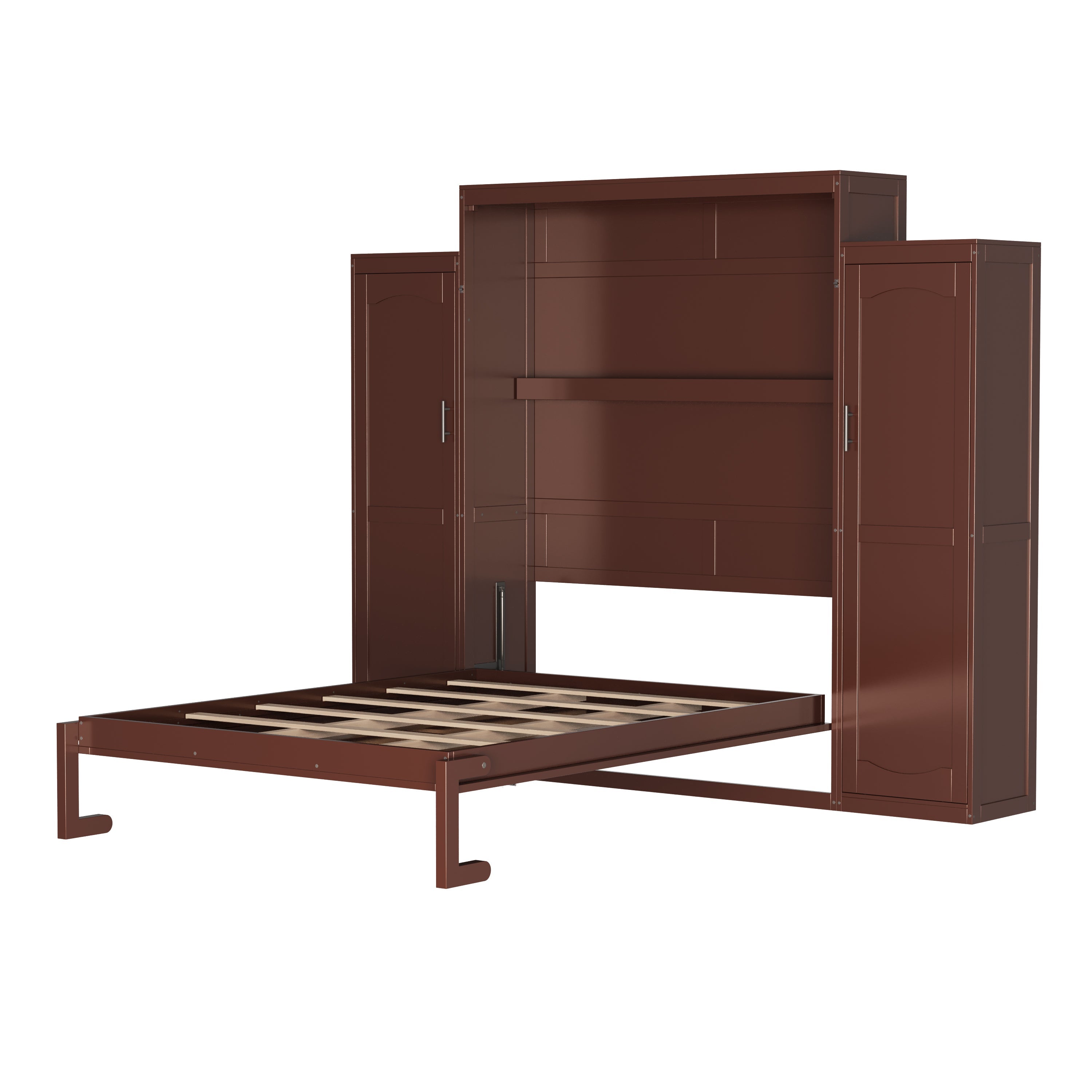 Queen Size Murphy Bed, Wooden Queen Wall Bed with 2 Wardrobe and Storage Shelf, Multifunctional Foldable Platform Bedframe for Guest-Room, Bedroom, Walnut