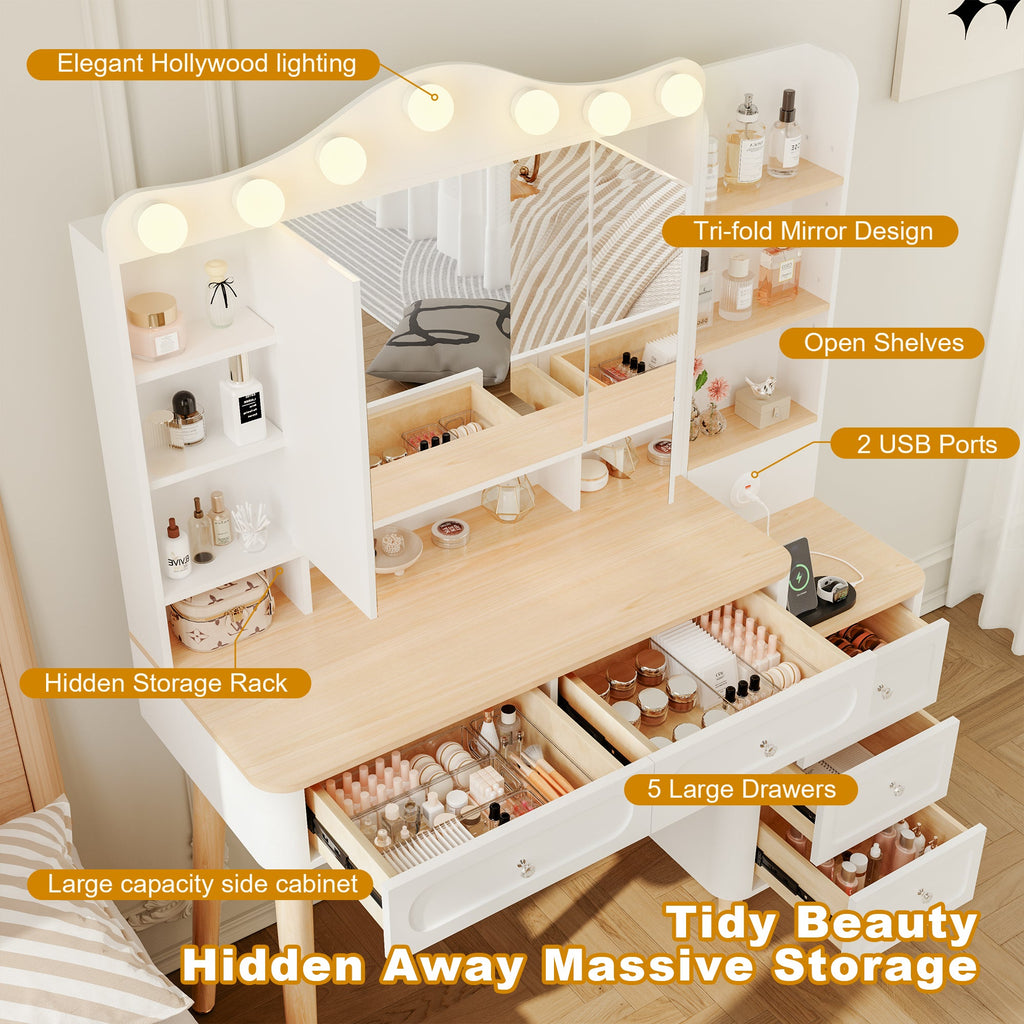 Vanity Desk with Mirror and Lights,Makeup Vanity with 2 USB Power Strip,Vanity Set with Two Drawers and Three-drawer Chest, 3 Lighting Modes Adjustable Brightness, Foldable Three-sided Mirror(White)